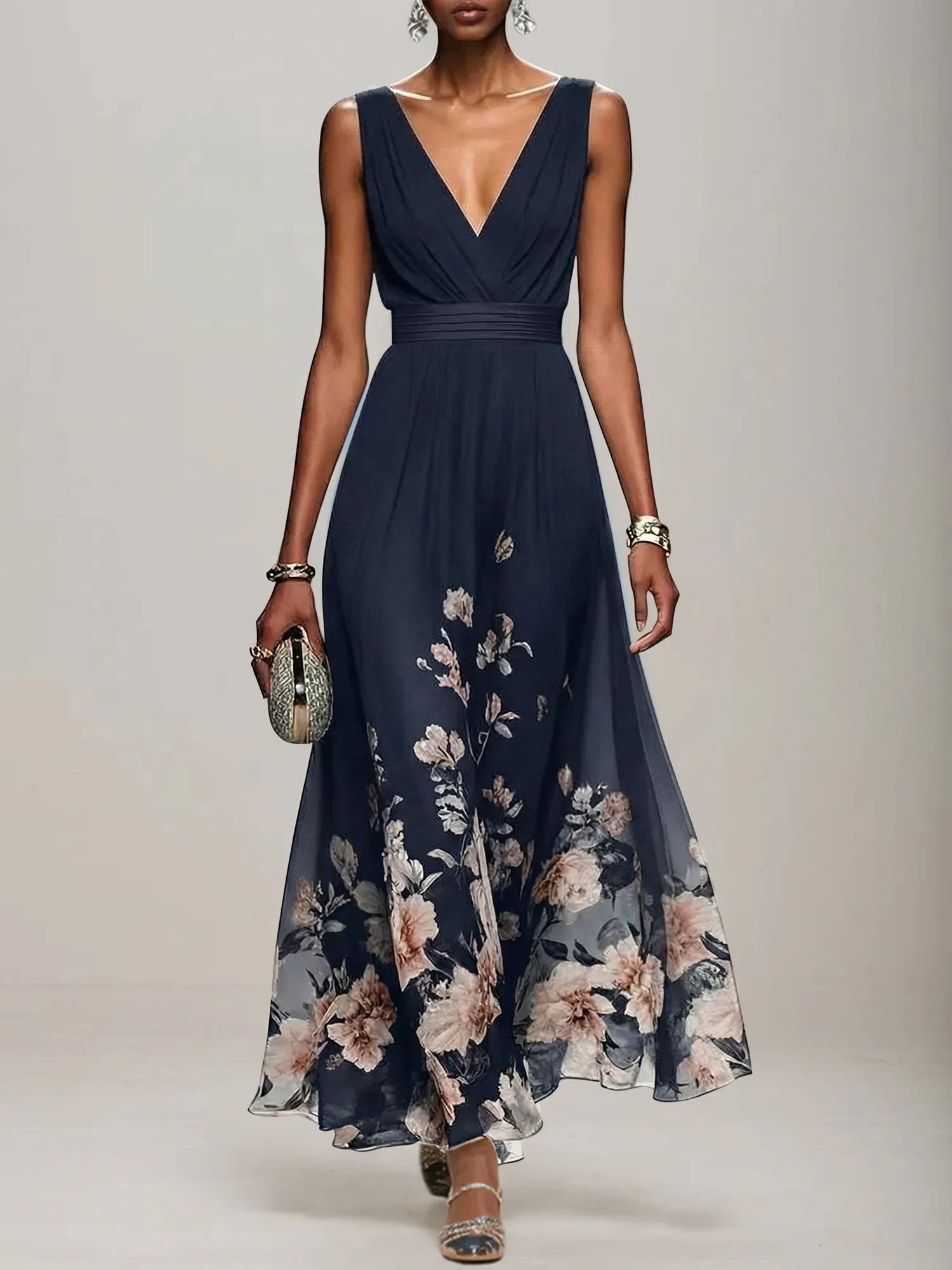 V-Neck Floral Print Chiffon Maxi Evening Dress with Satin Waist Bow