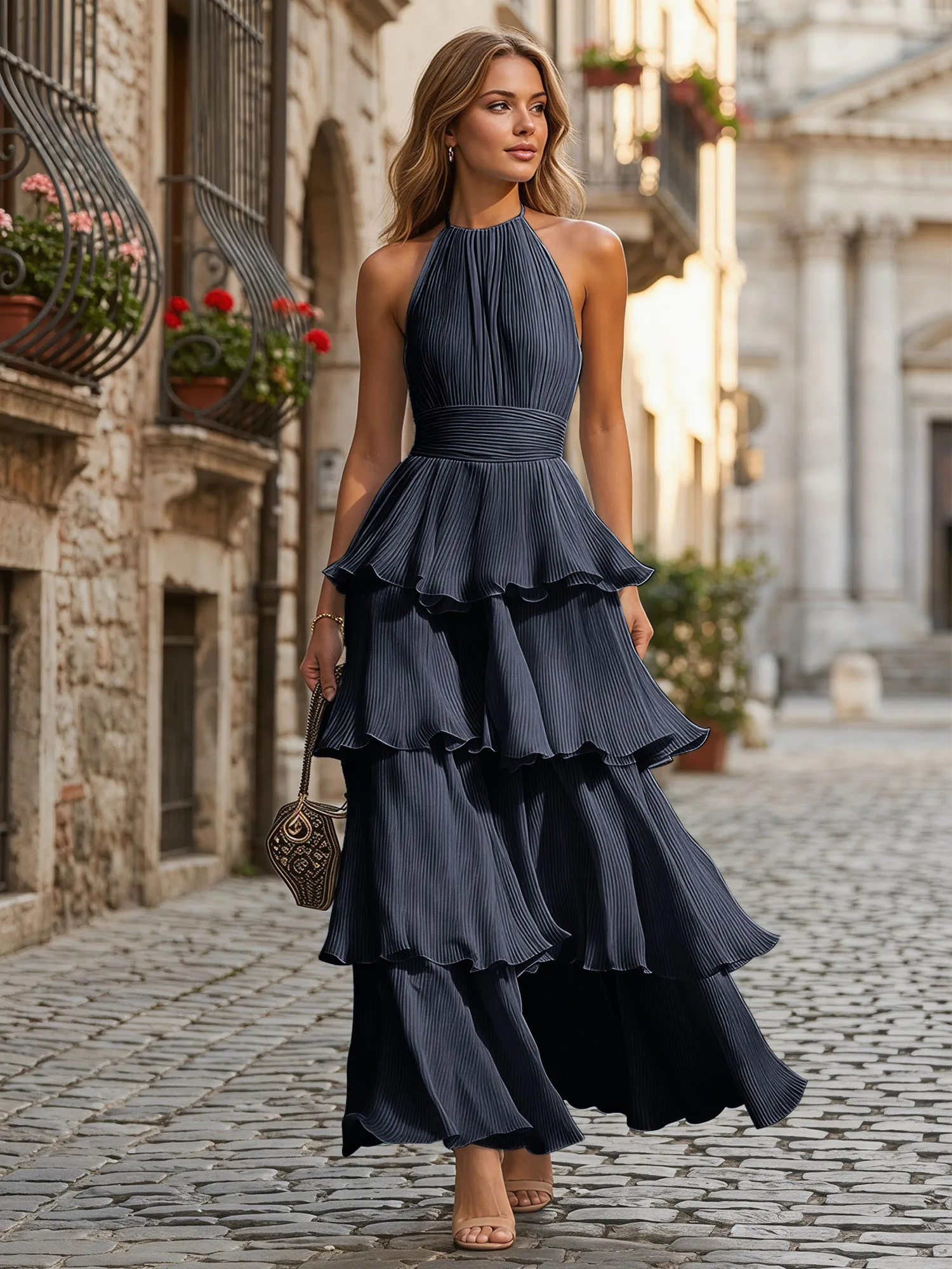 A Line Halter Neck Tiered Ruffle Chiffon Evening Dress