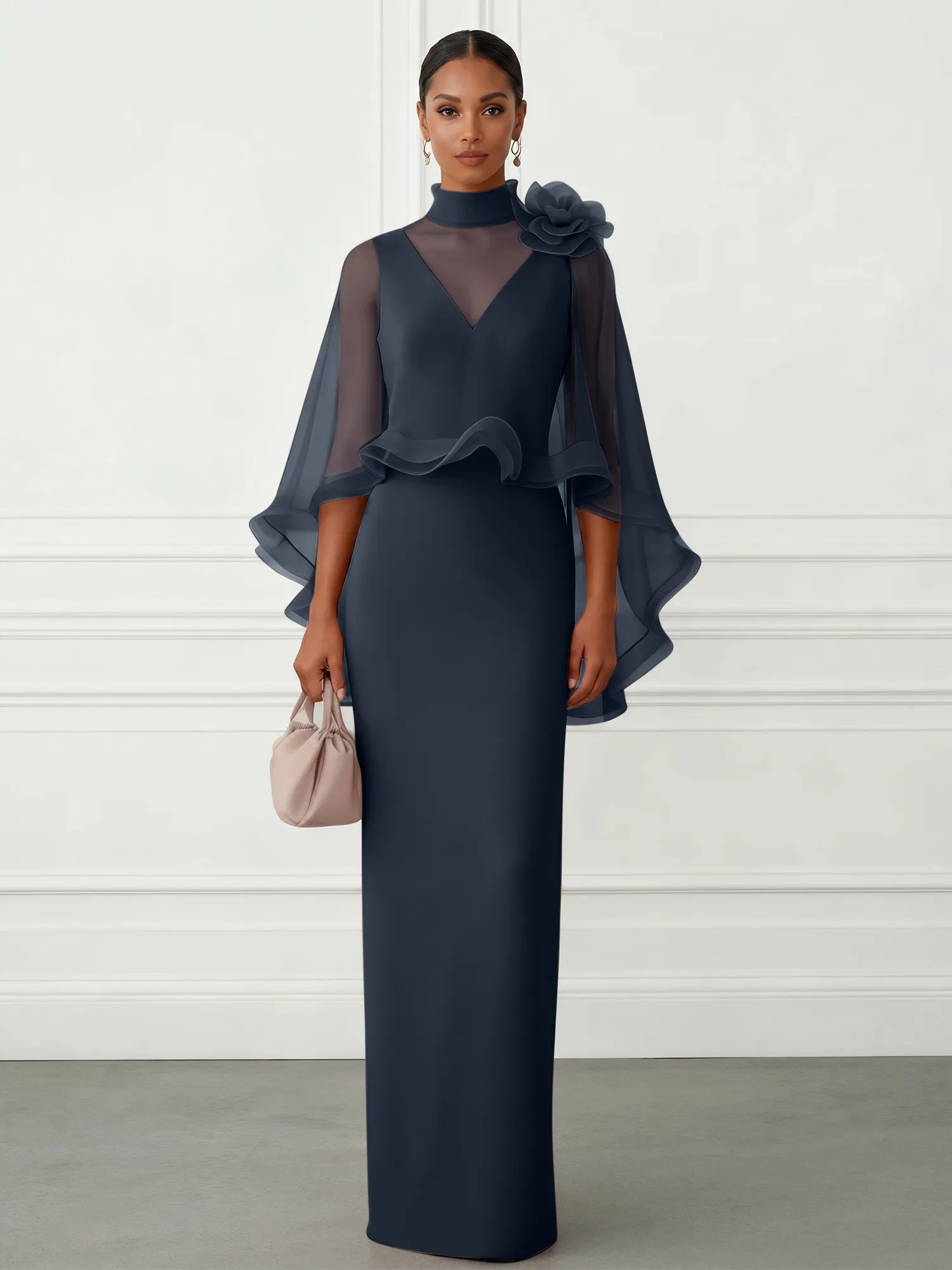 High-Neck Chiffon Cape Sleeve Sheath Evening Gown