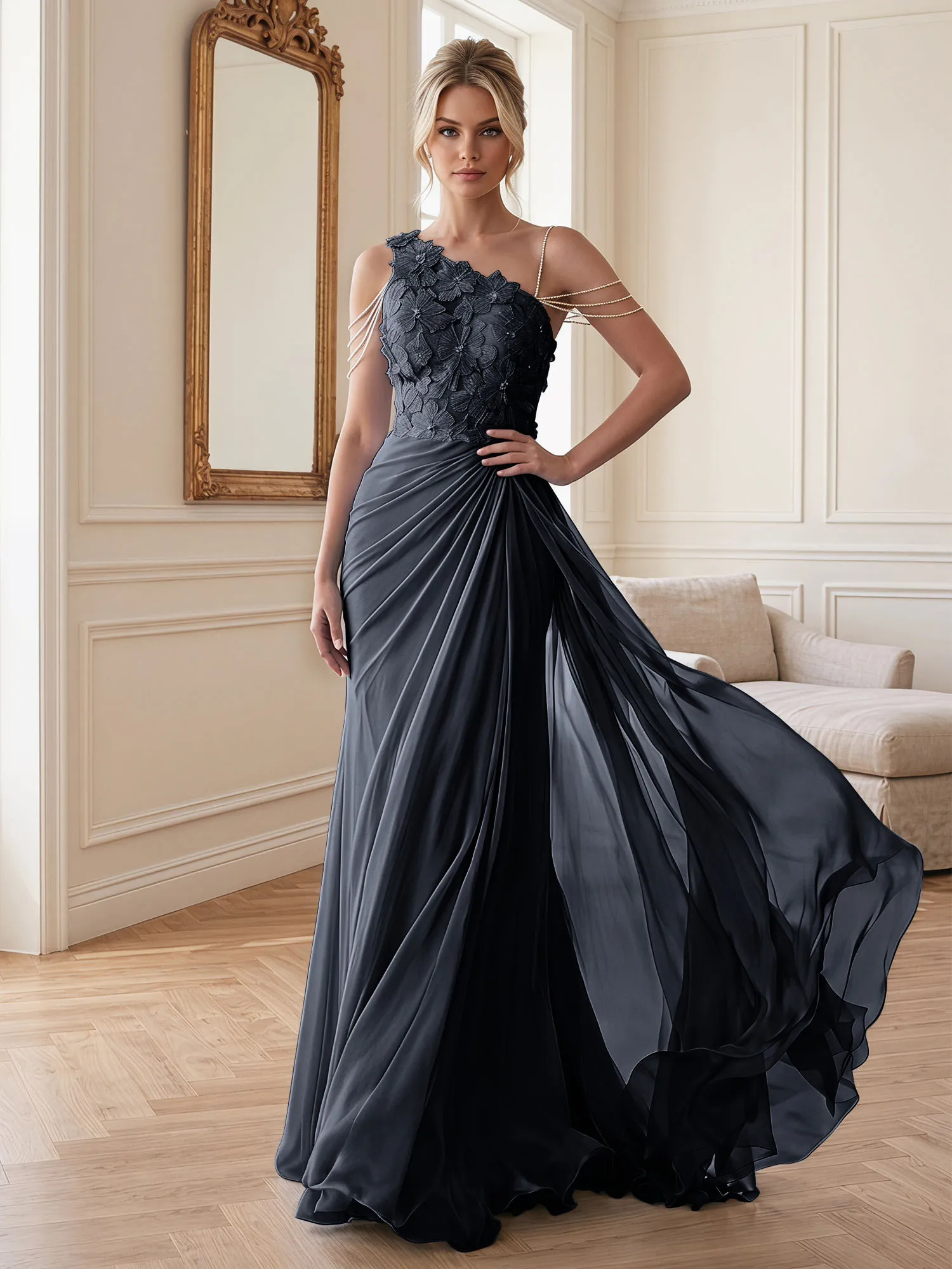 One-Shoulder Floral Lace Chiffon Evening Gown