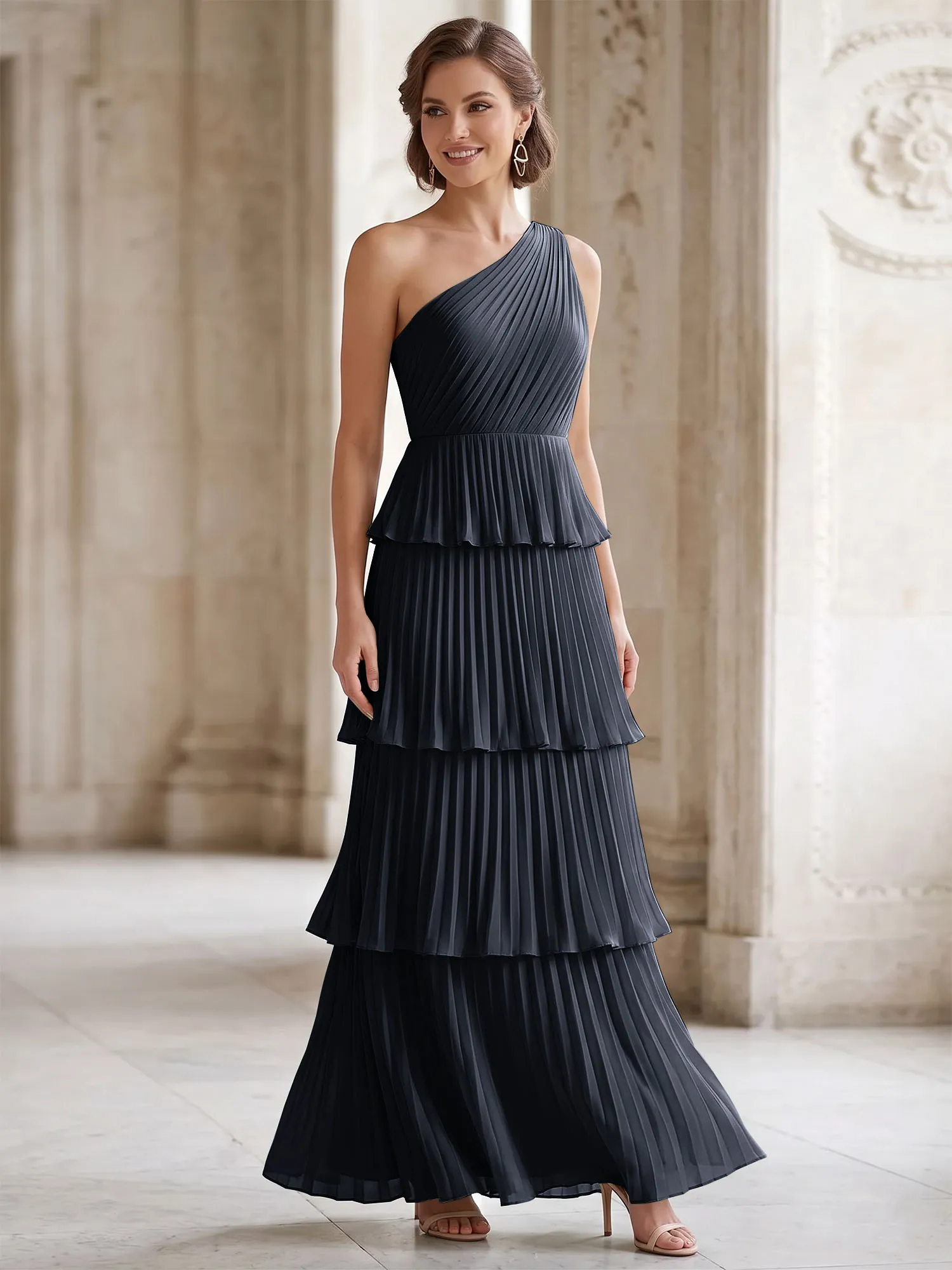 One-Shoulder Tiered Pleated Chiffon Evening Gown