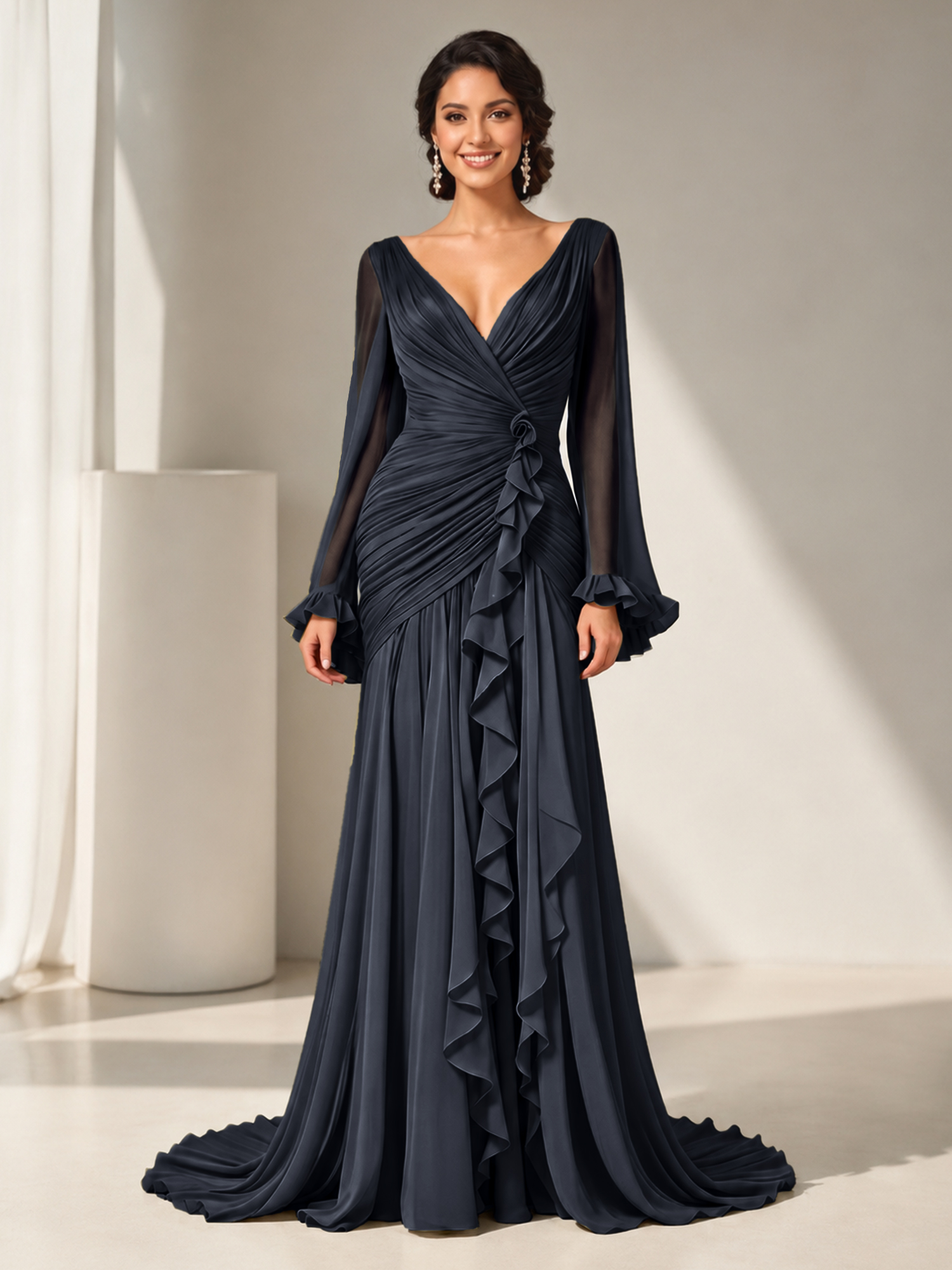 Grecian Olive Green Ruched Long-Sleeve Cascading Ruffle Formal Evening Dress