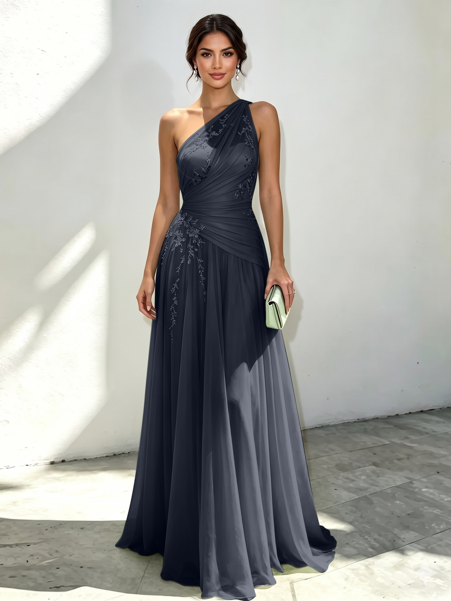 Ethereal Mint Green One-Shoulder Chiffon Evening Dress with Delicate Floral Embroidery