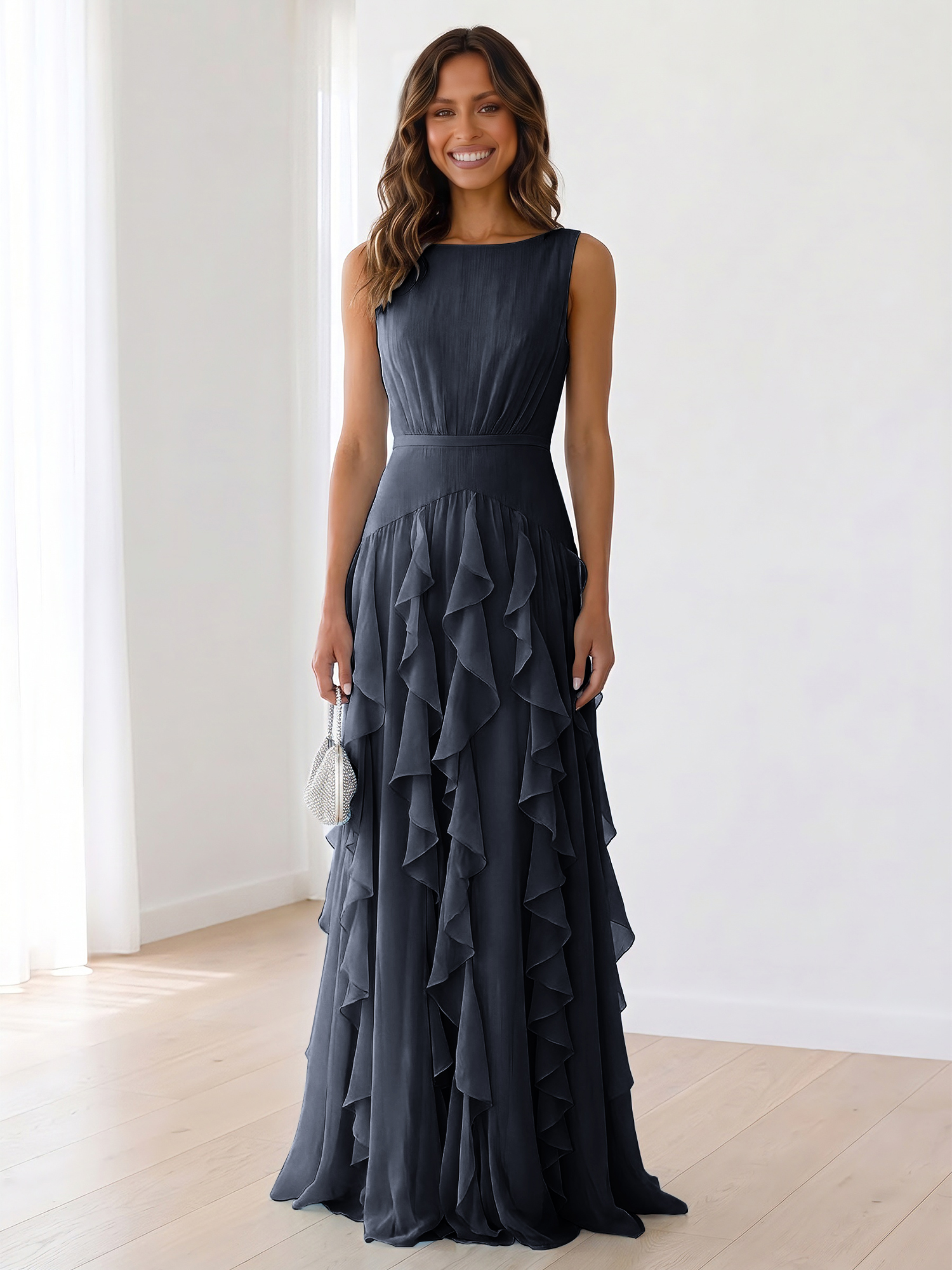 Ethereal Powder Blue Cascading Ruffle Maxi Formal Evening Dress