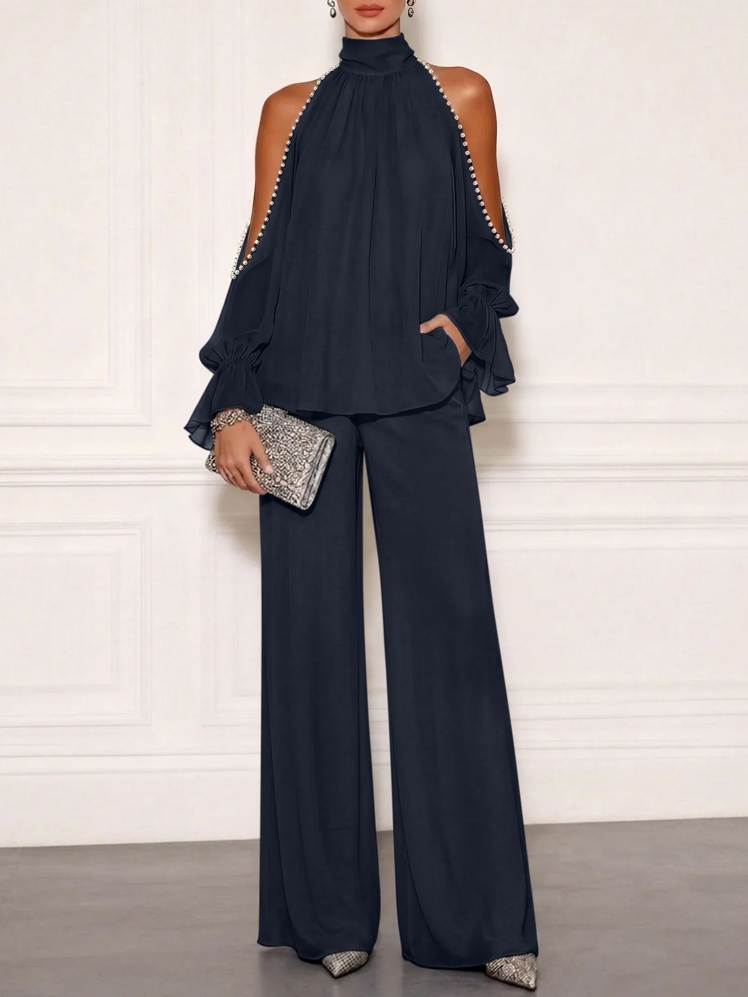 Sophisticated Embellished Cold Shoulder Formal Evening Jumpsuit
