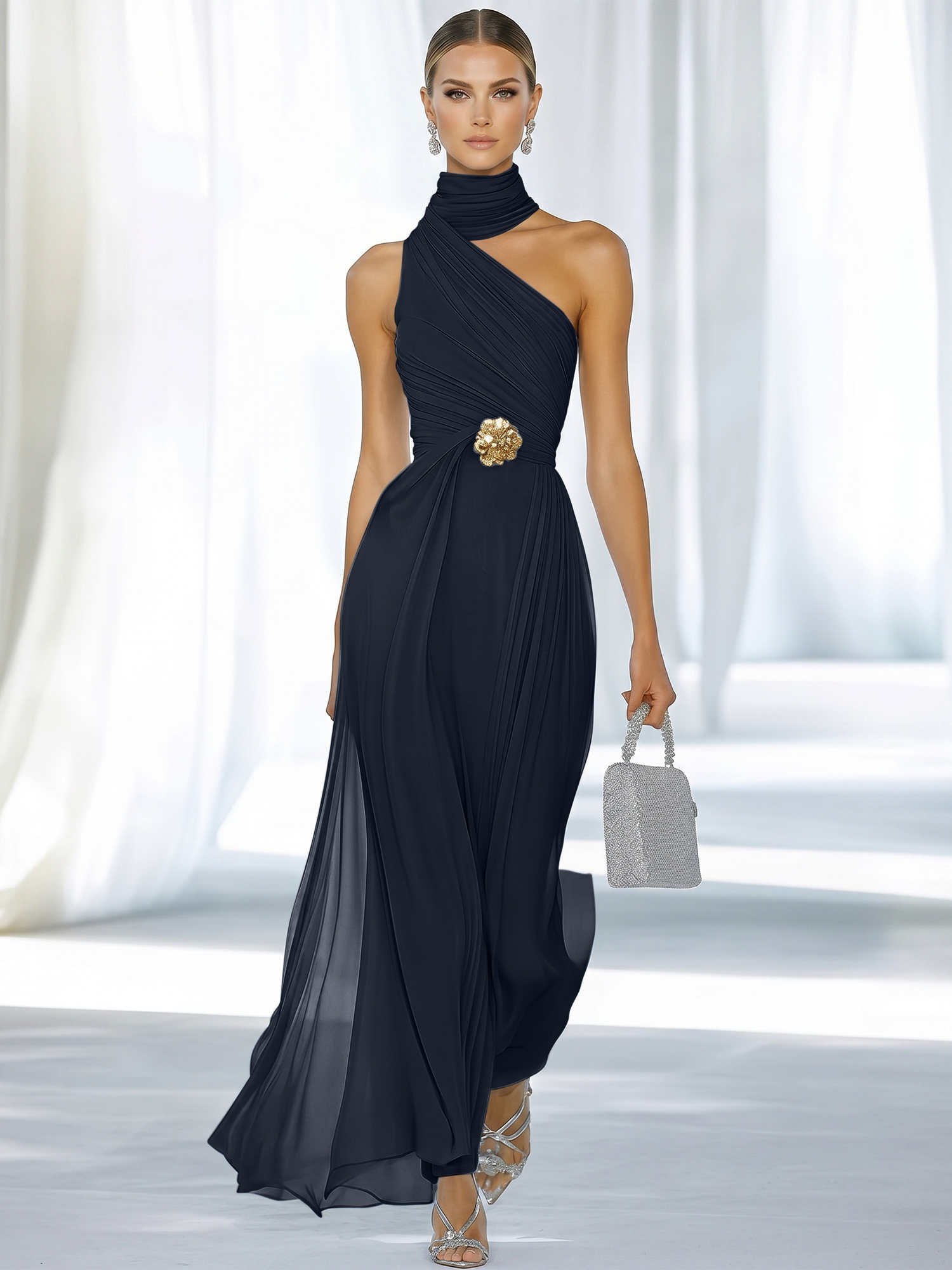 Sky Blue Pleated Chiffon Halter Strapless Formal Evening Dress