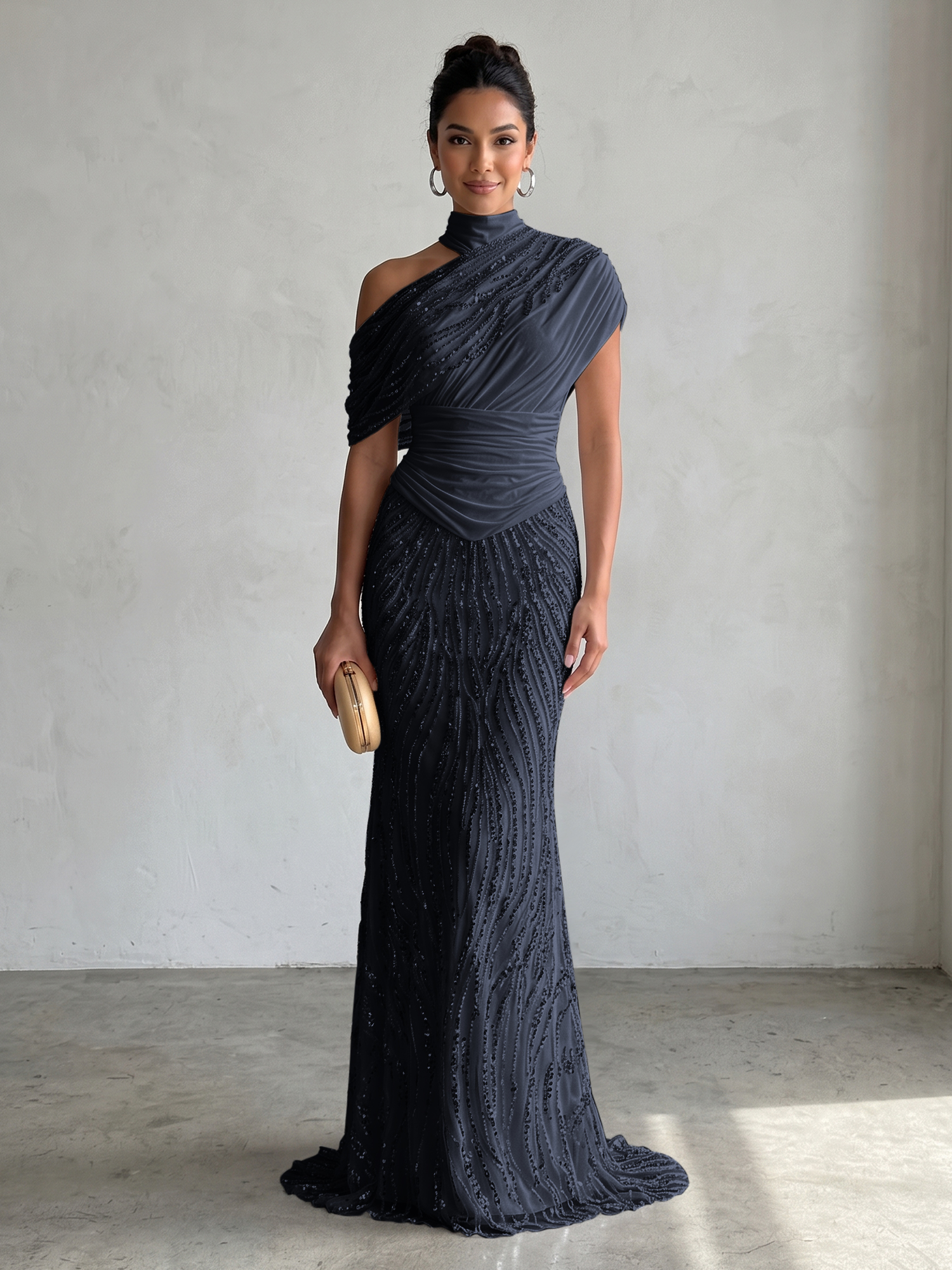 Ethereal White Beaded High-Neck Draped Sheath Formal Evening Dress