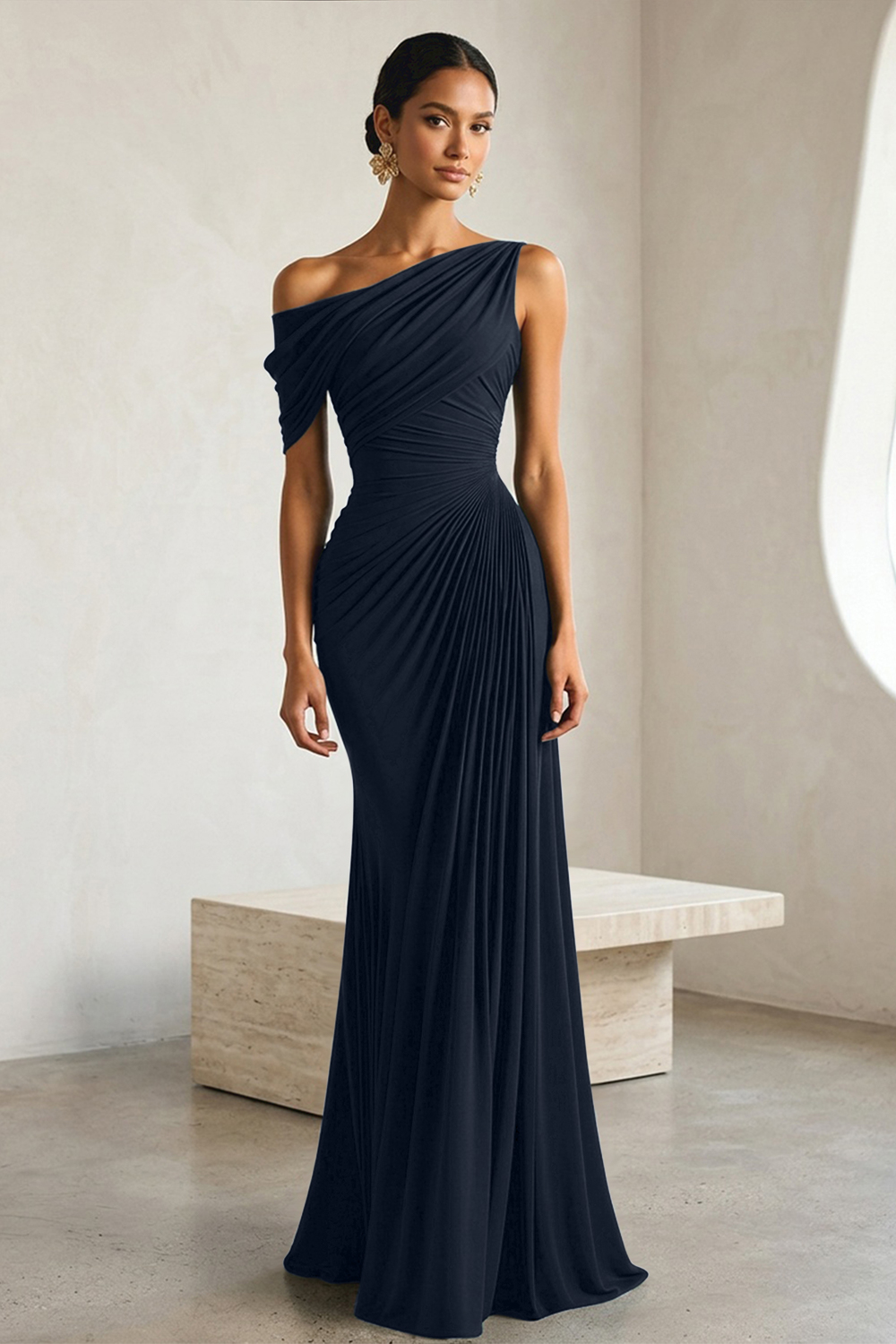 Timeless Black Architectural One-Shoulder Sheath Evening Gown