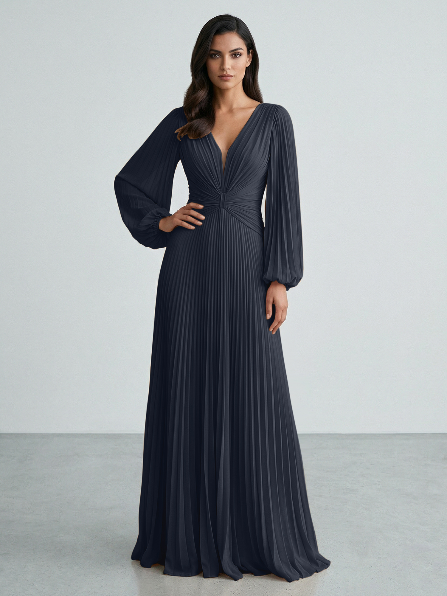 Slate Blue Plunging V-Neck Pleated Long Sleeve Maxi Dress Gown