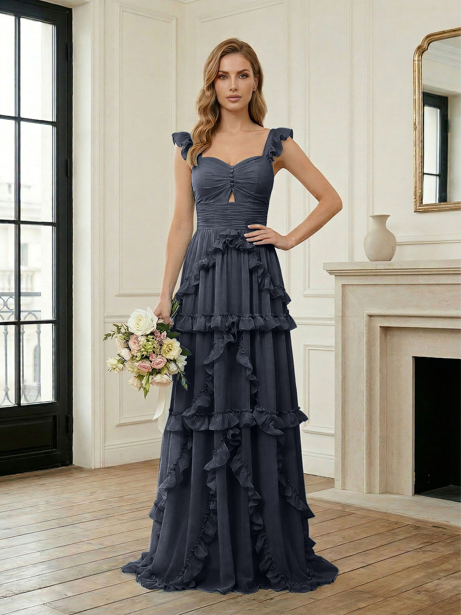 Ethereal Sky Blue Tiered Ruffle Chiffon Maxi Dress Gown