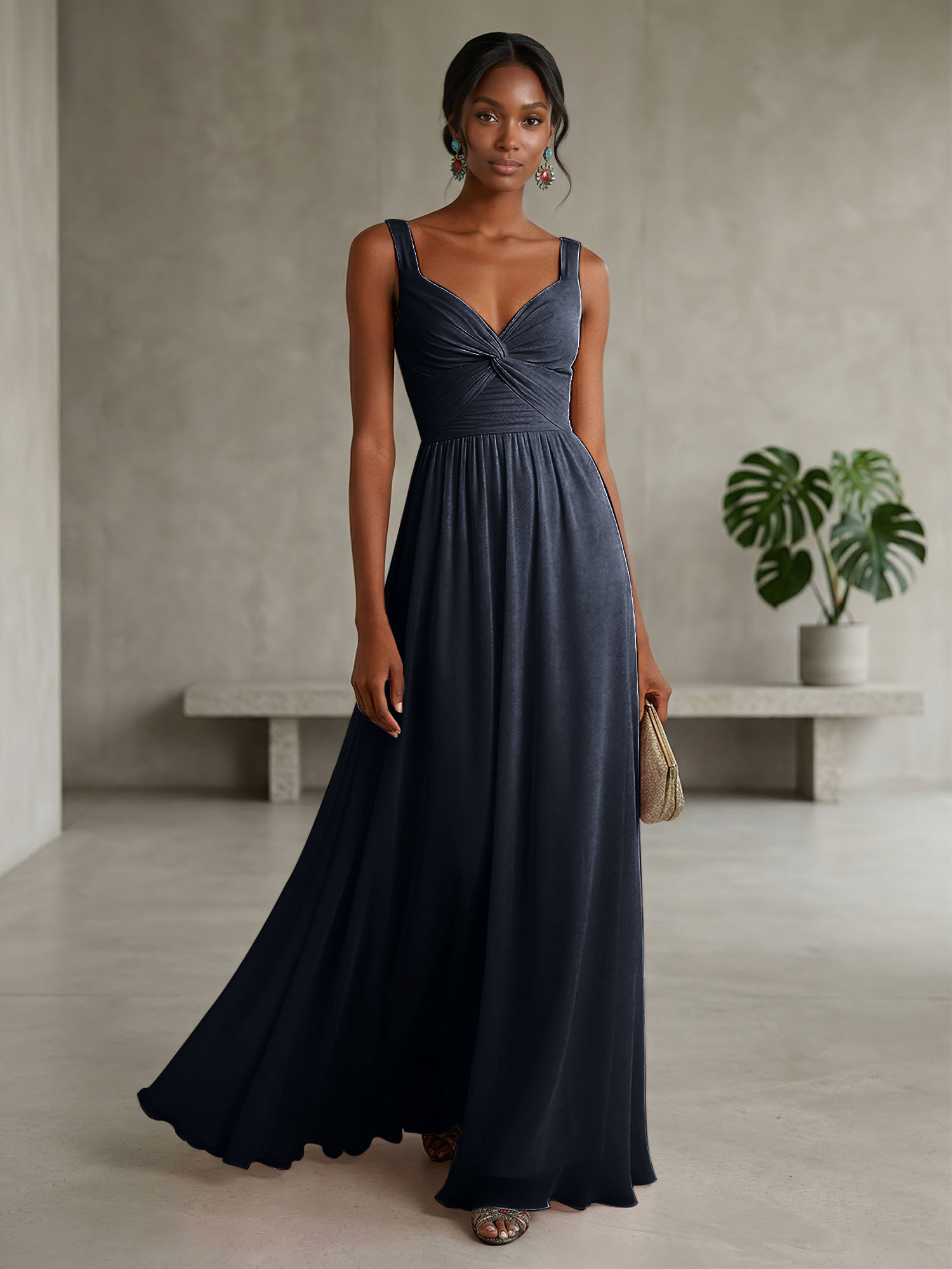 Elegant Soft Blush Twist-Front Chiffon Maxi Gown