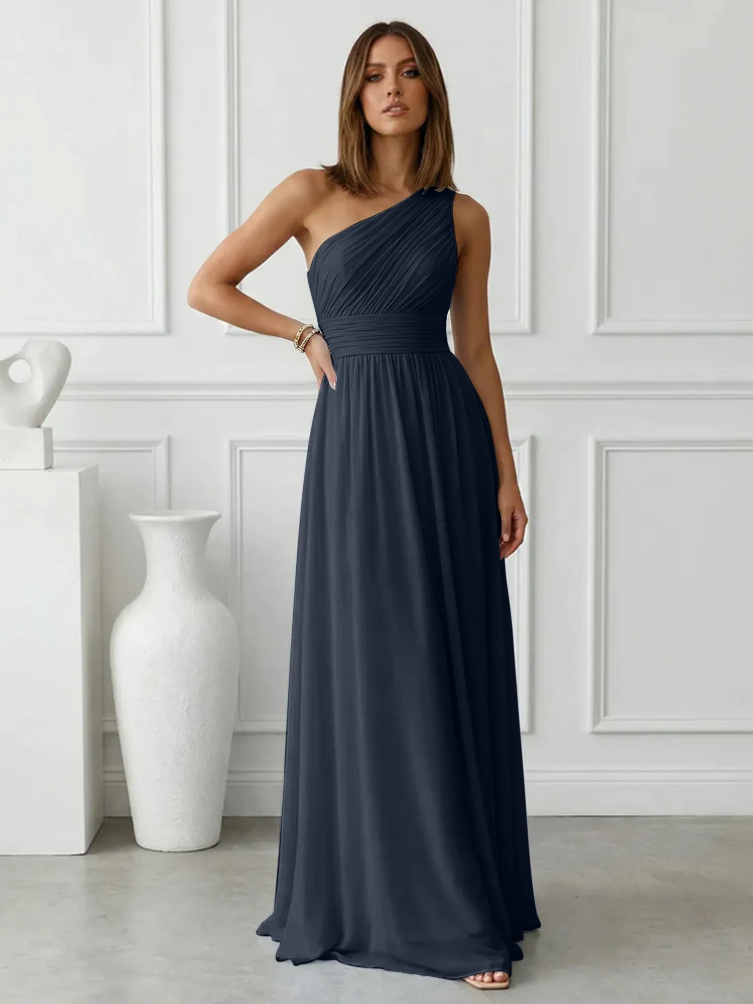 One-Shoulder Pleated Chiffon A-Line Evening Dress