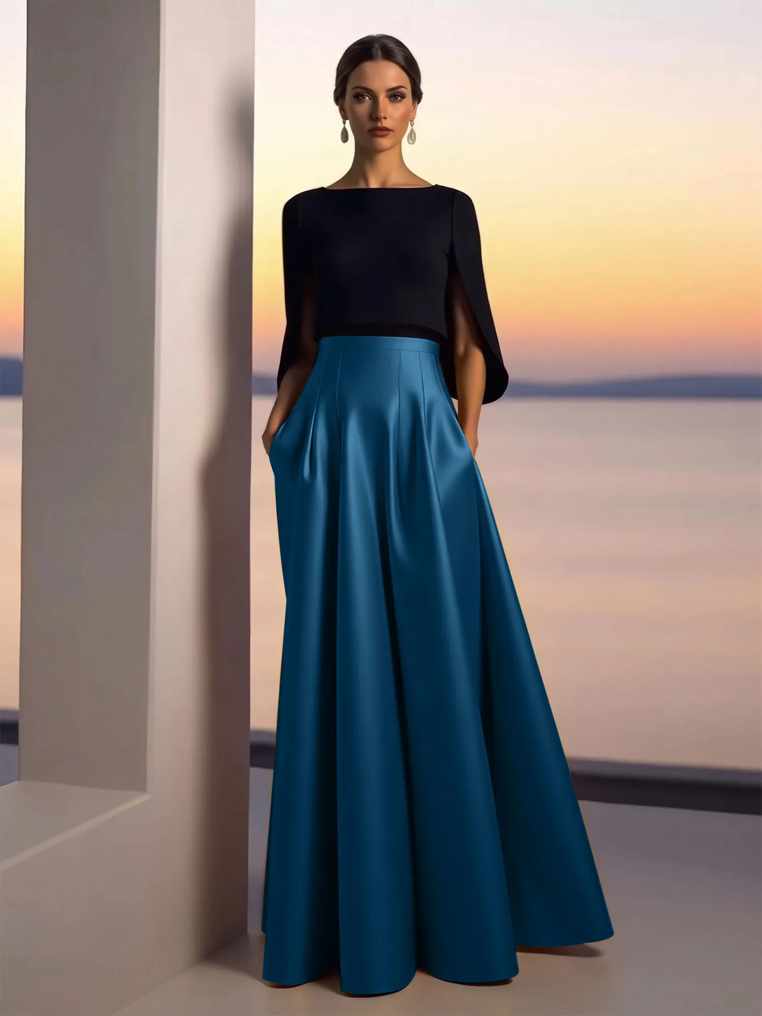 Two-Piece Cape Sleeve Satin Ball Gown Evening Dress