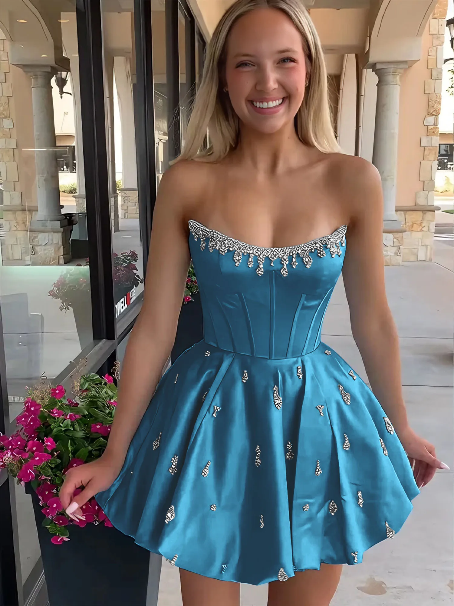Strapless Beaded Corset Lace-Up Back Satin Homecoming Dress