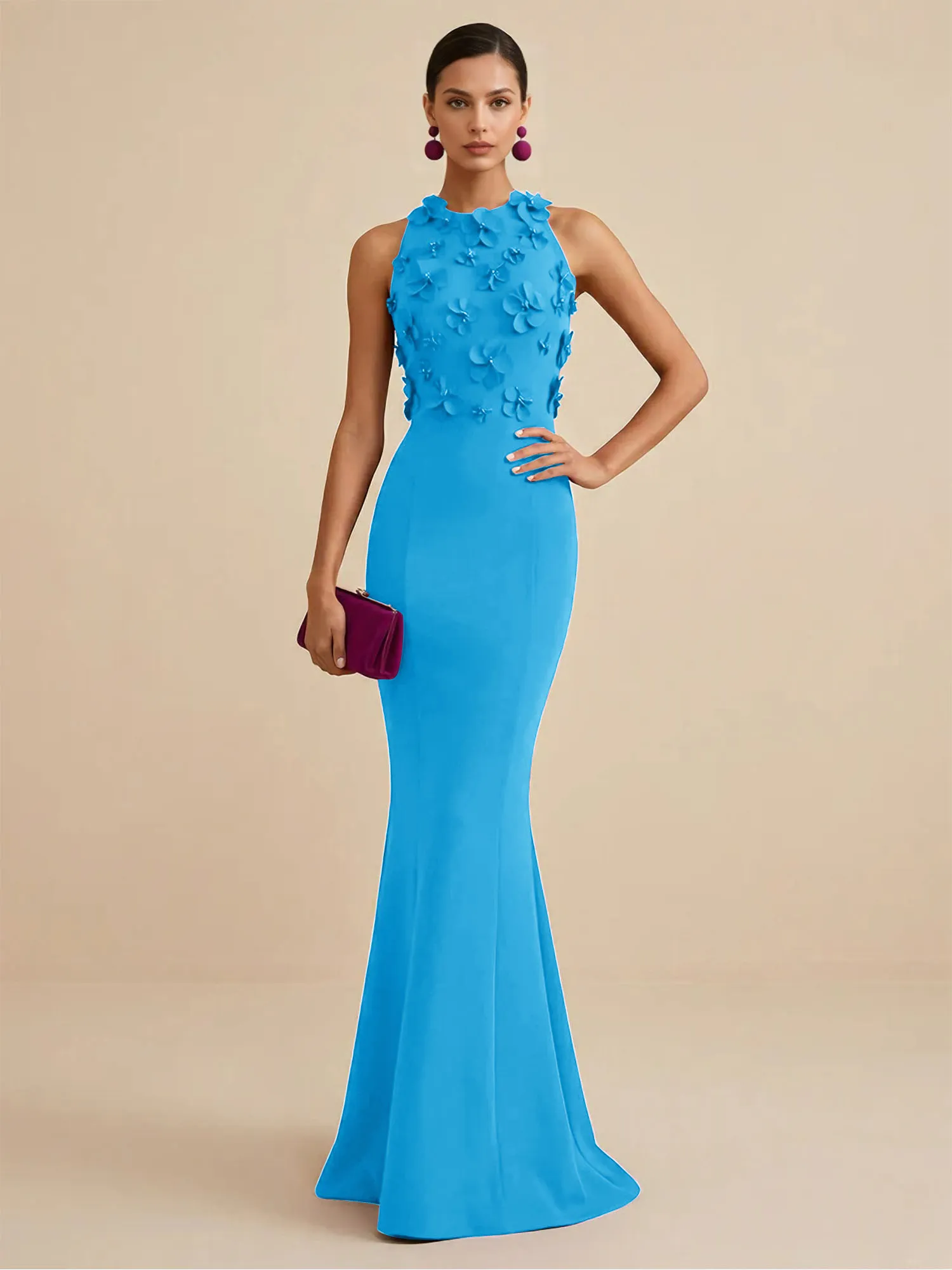 Scoop Neck 3D Floral Appliqué Crepe Mermaid Evening Gown