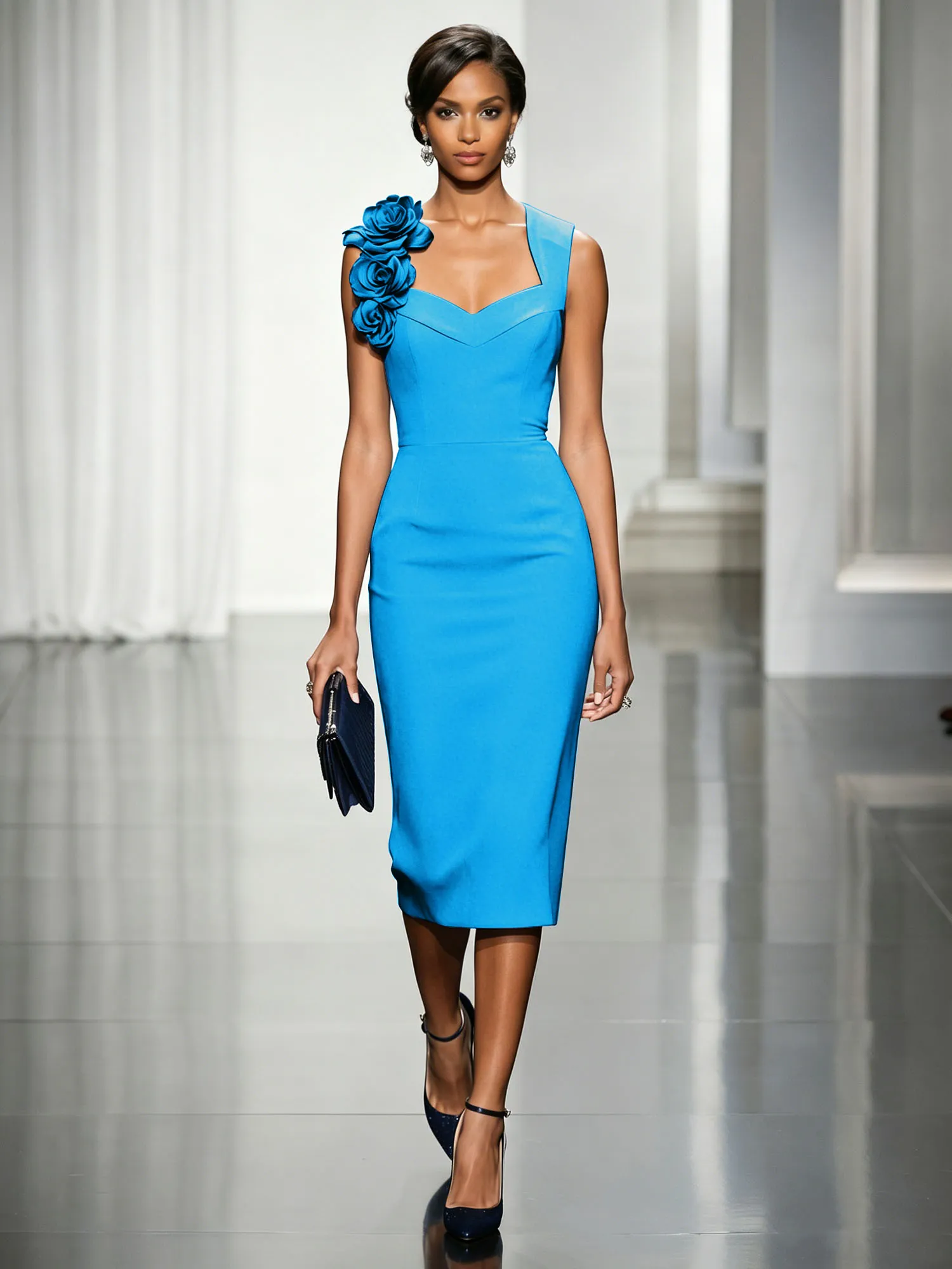 Asymmetric Neckline Crepe Midi Dress with 3D Floral Appliqué