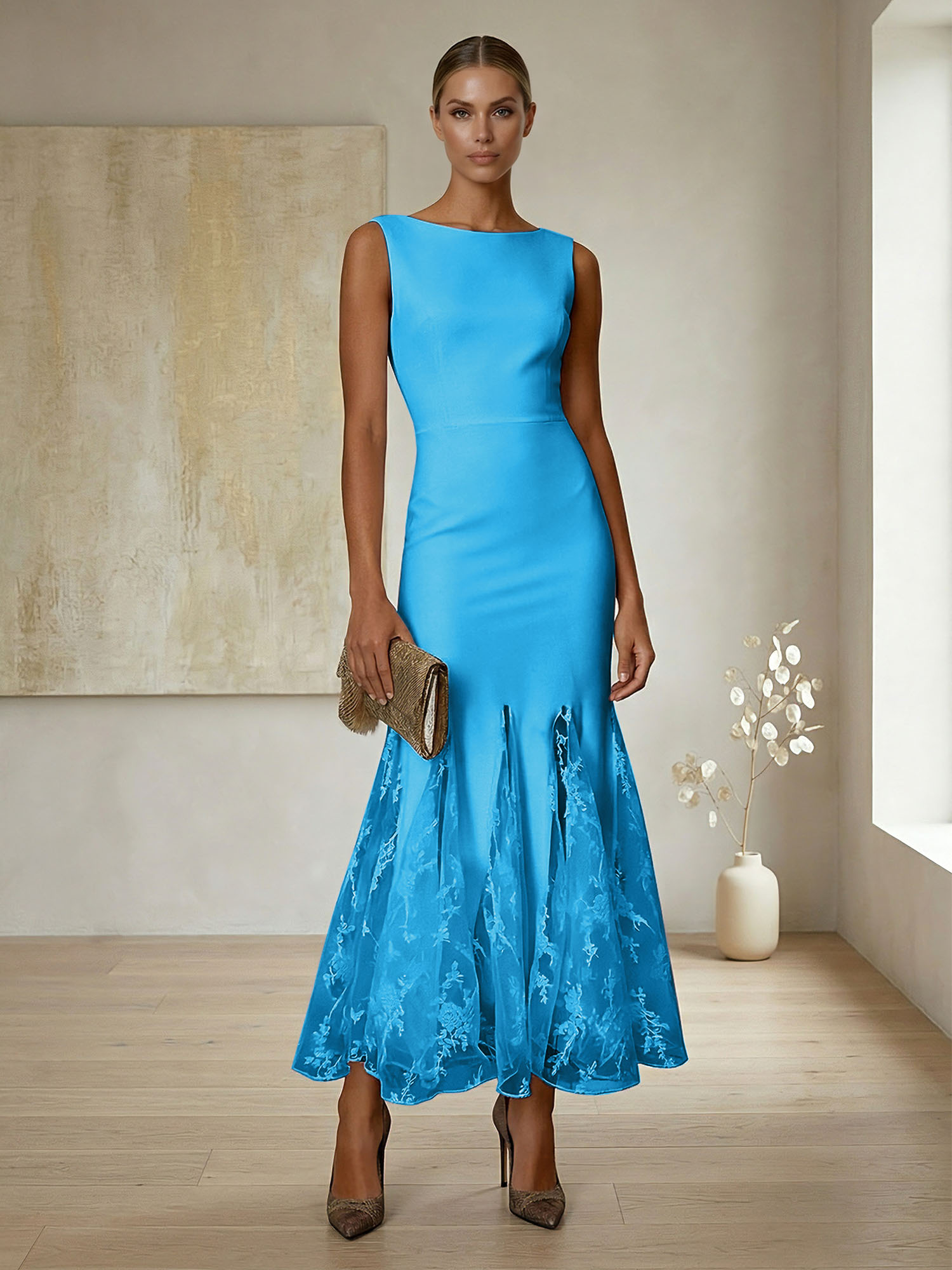 Elegant Formal Evening Gown Lilac Sleeveless Midi Dress with Embroidered Lace Godets