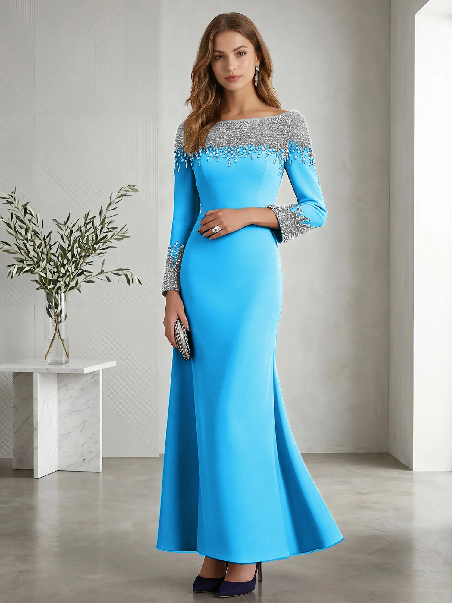Beaded Off-the-Shoulder Long Sleeve Mermaid Evening Gown