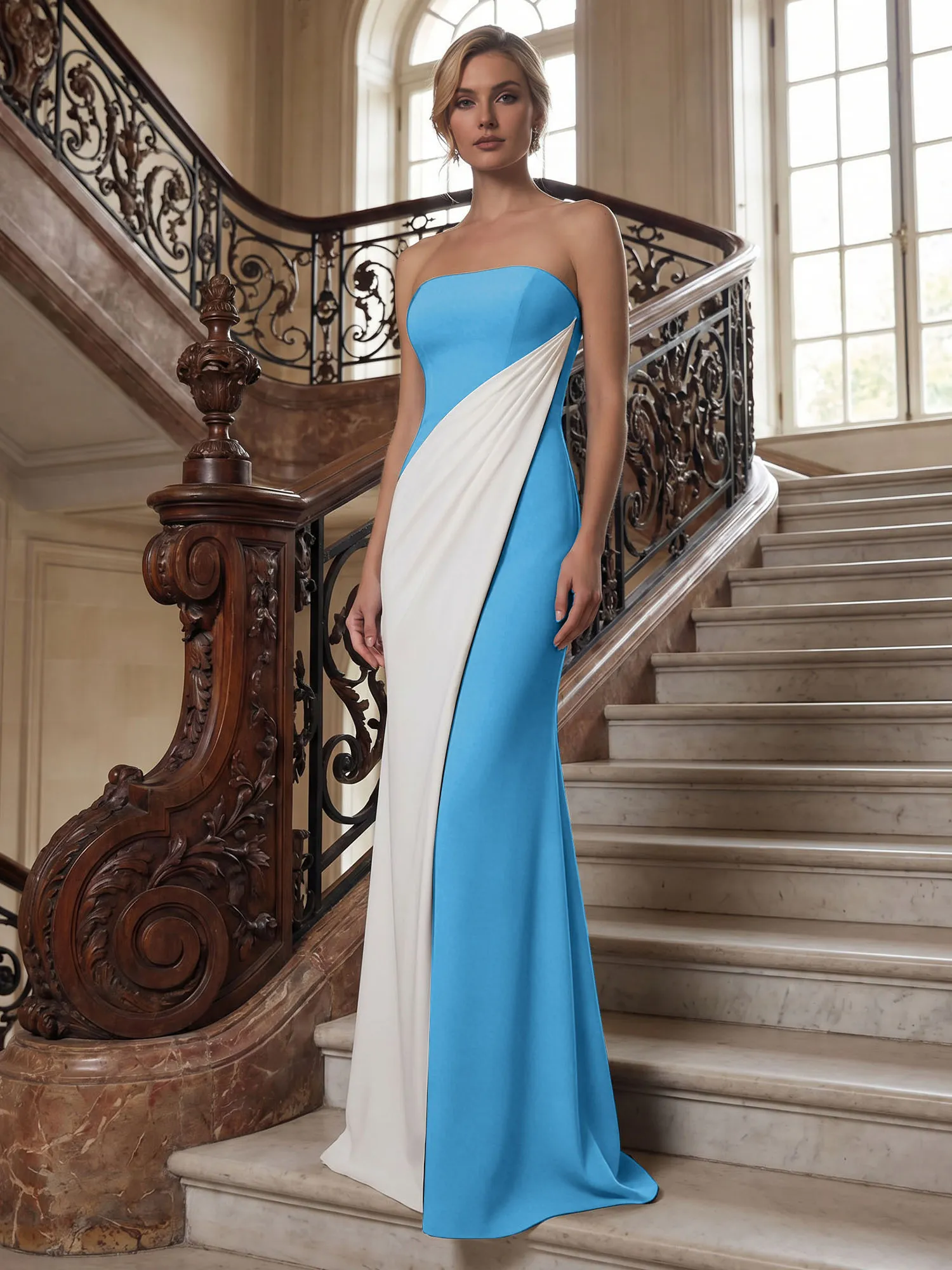 Strapless Two-Tone Draped Mermaid Evening Gown