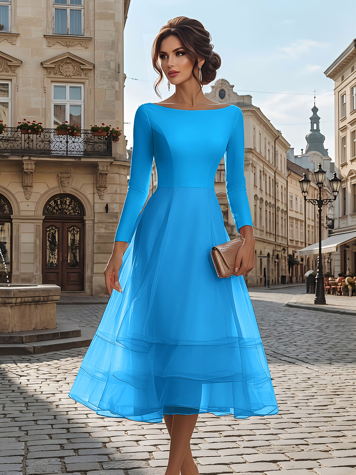 Timeless Evening Foraml Gown Blush Pink Long-Sleeve Layered Organza Midi Dress