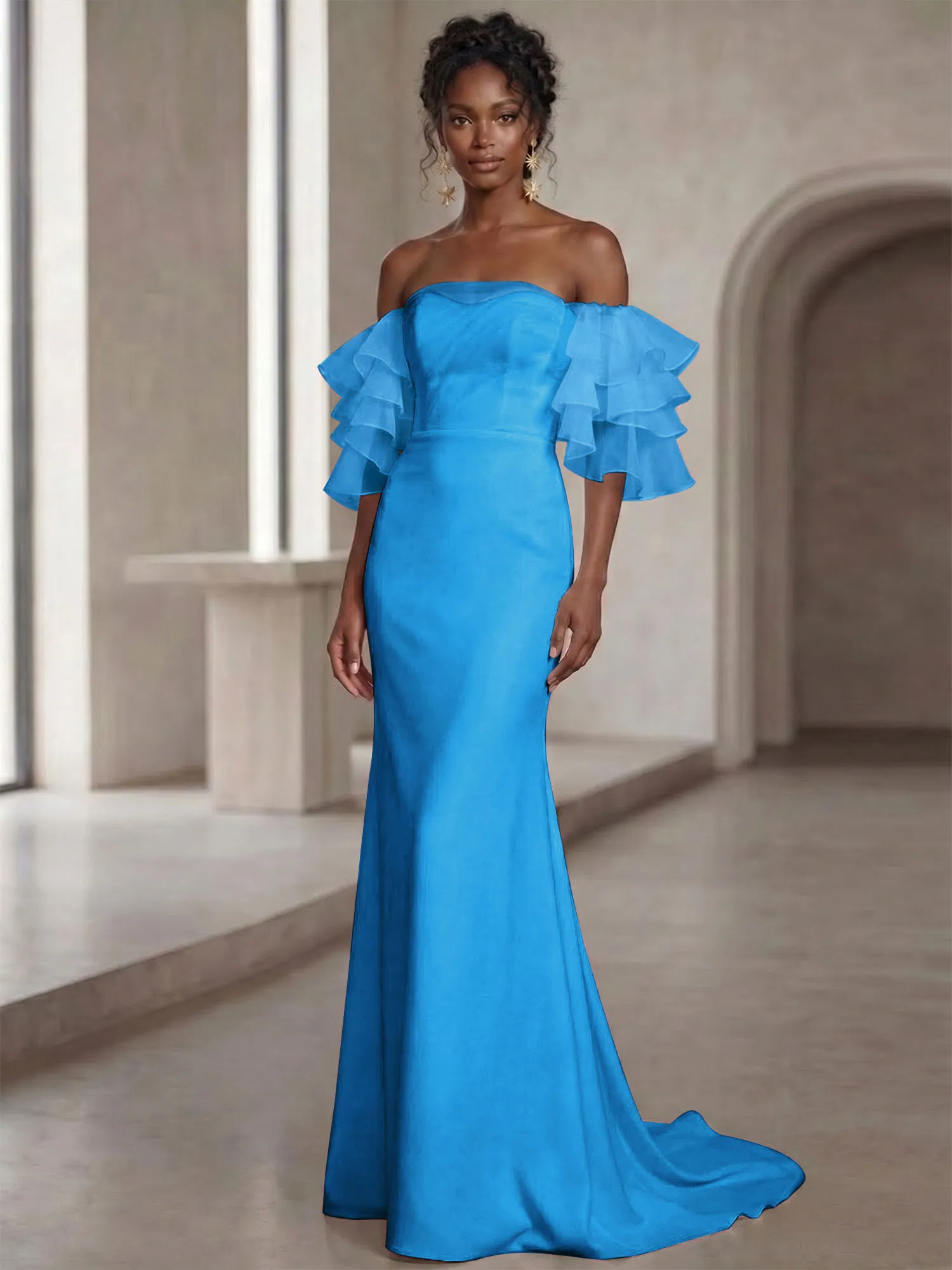 Off-the-Shoulder Tiered Organza Sleeve Mermaid Evening Gown