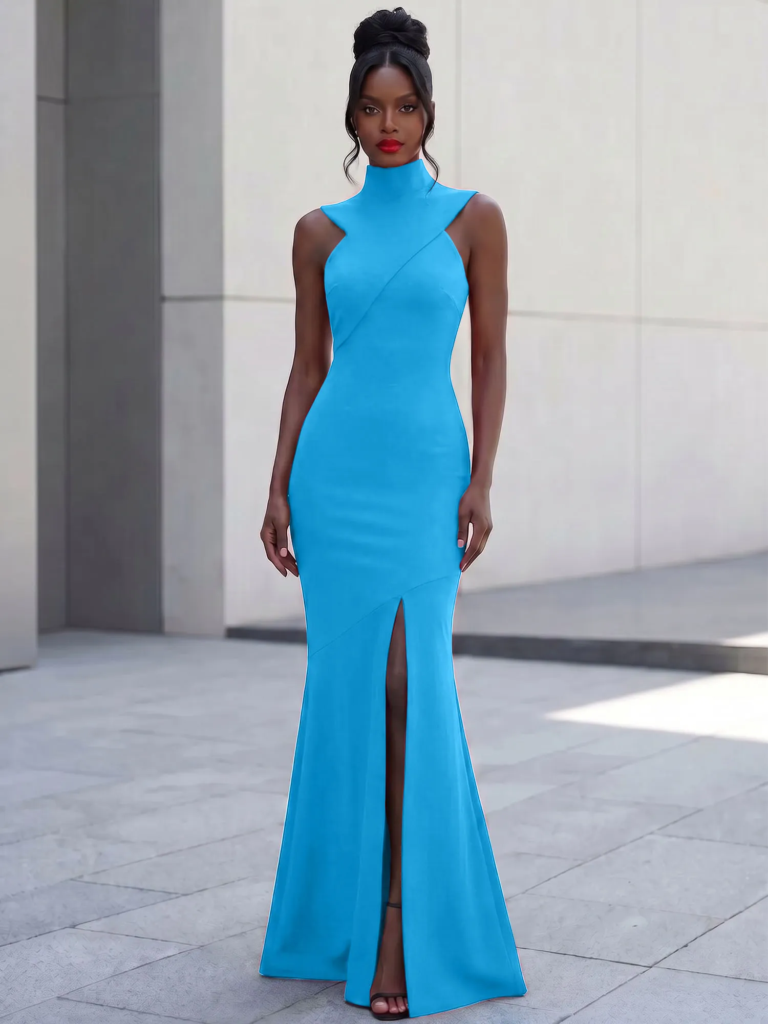 High Neck Asymmetric Cutout Mermaid Evening Gown