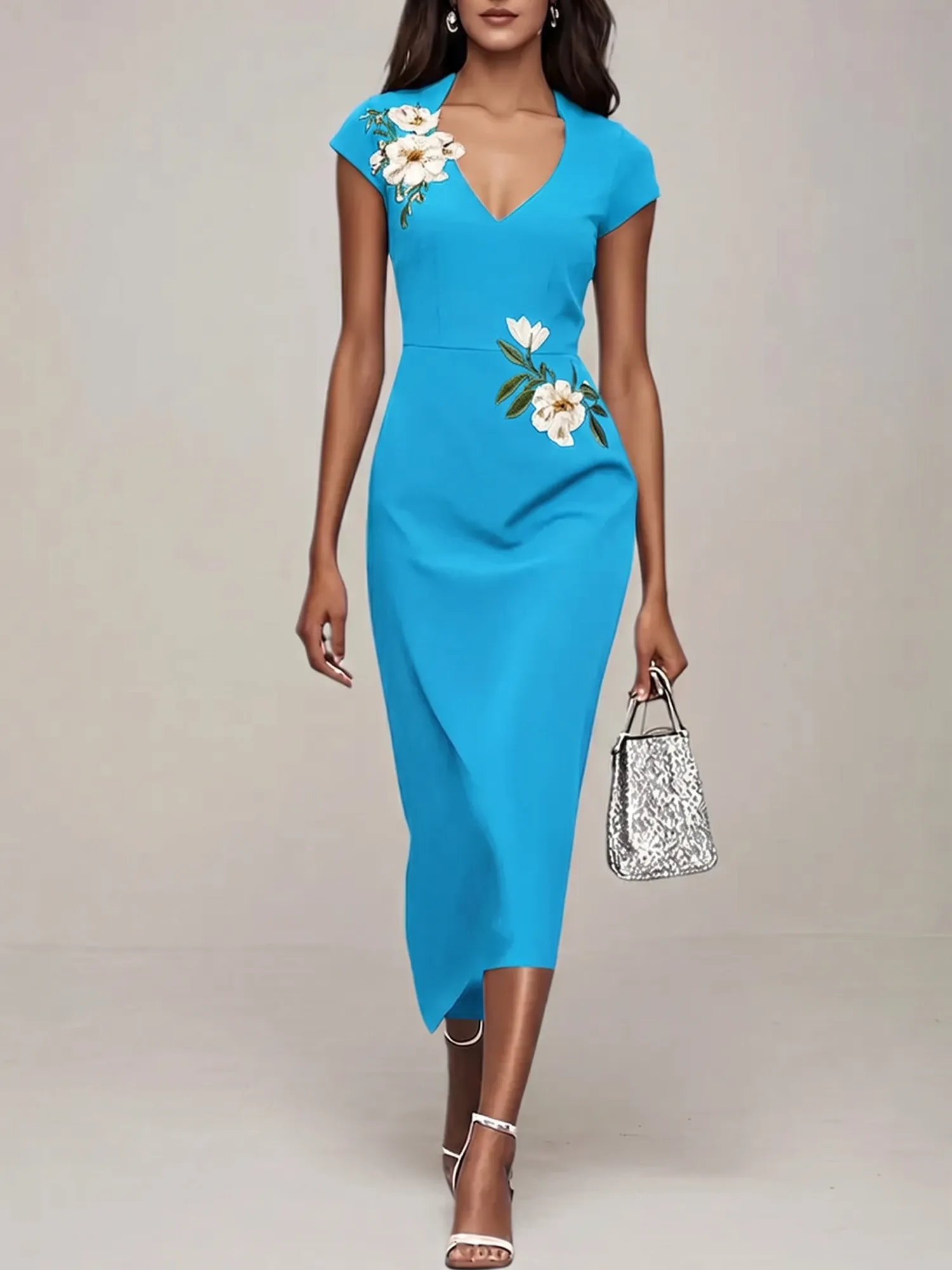 V-Neck Cap Sleeve Floral Embroidered Sheath Evening Dress