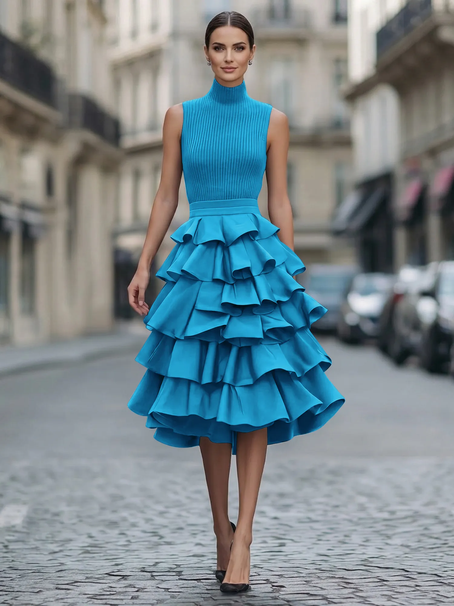 A Line High-Neck Pleated Tiered Evening Dress Maxi Dress