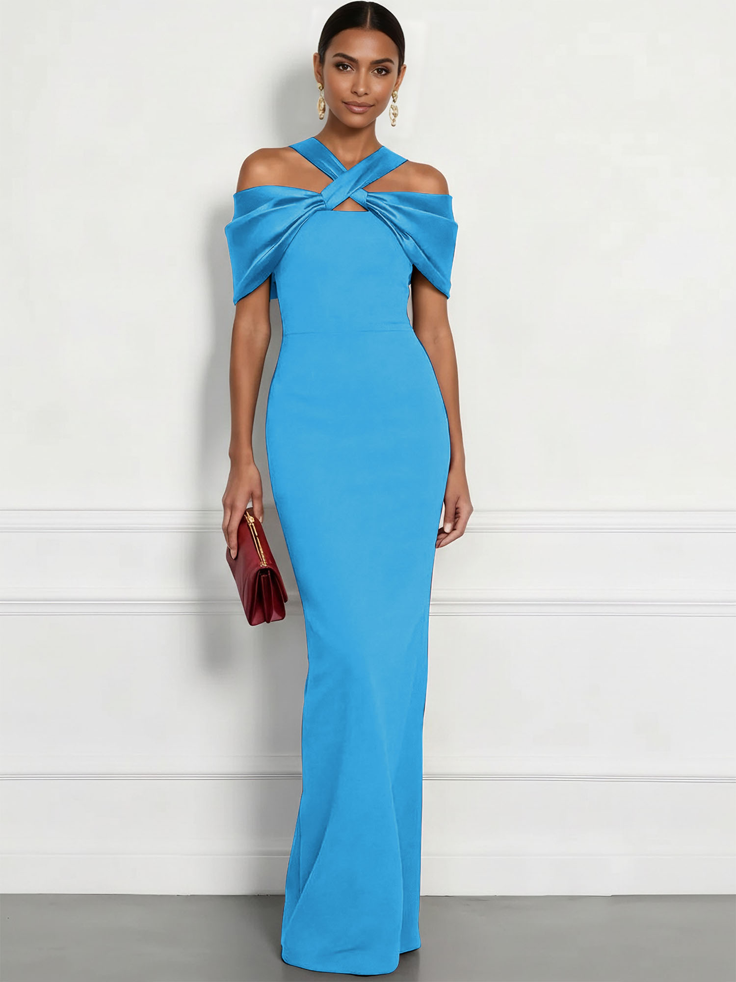  Regal Plum Crepe Column Gown with Satin Criss-Cross Halter Maxi Dress