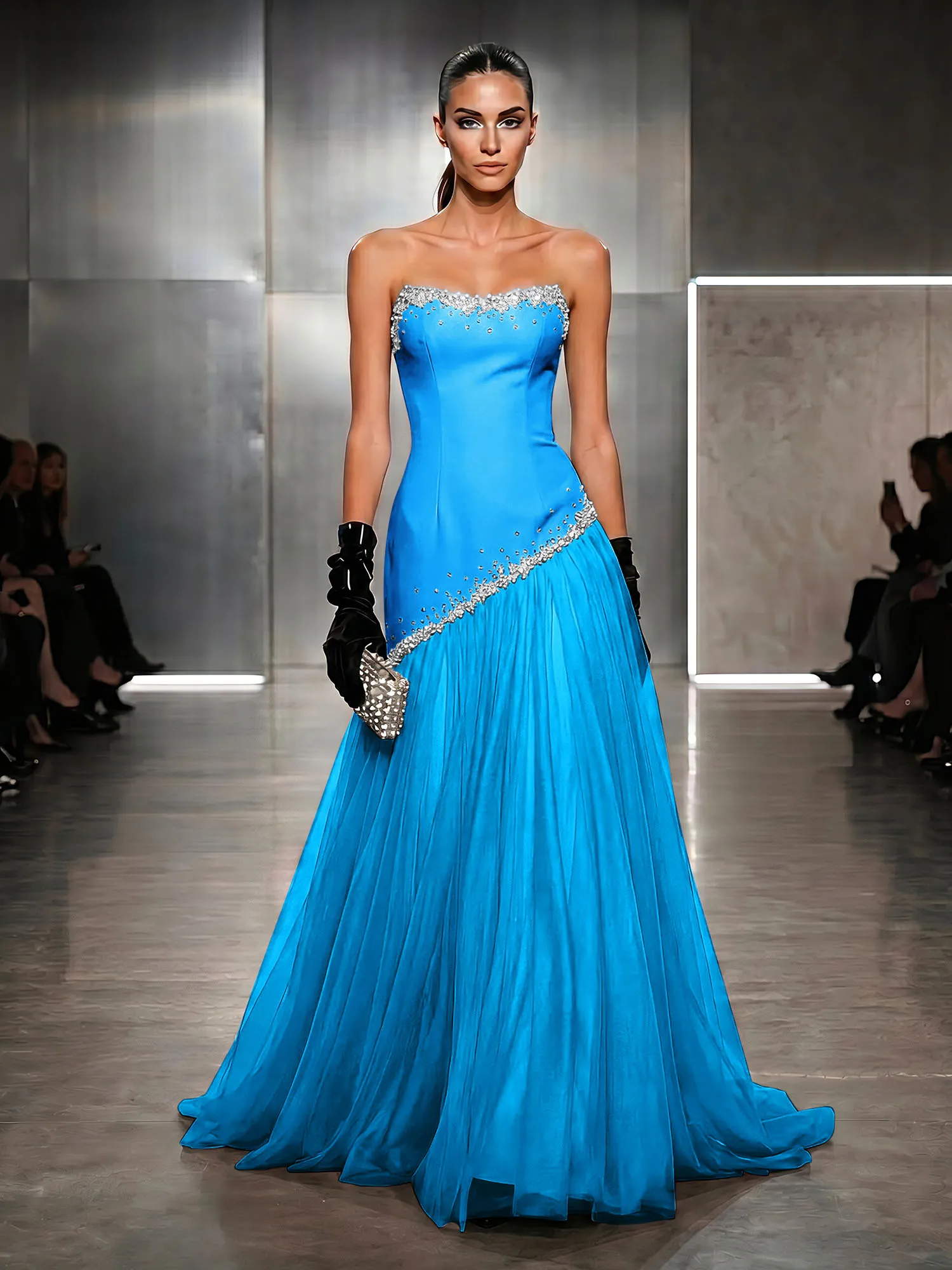 Strapless Tulle Beaded Corset Evening Gown Maxi Dress