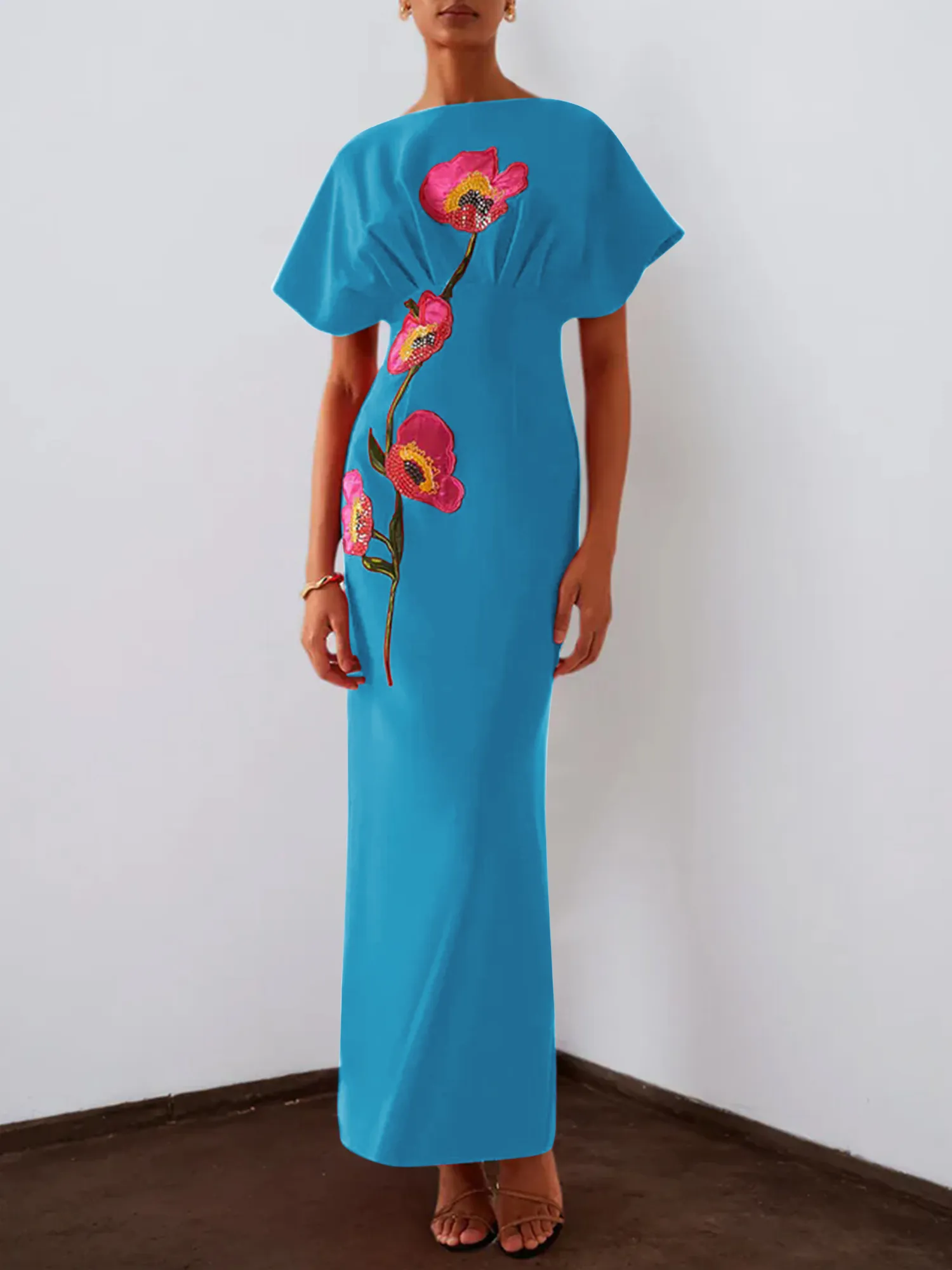 Floral Embroidered Boat Neck Batwing Sleeve Column Evening Gown