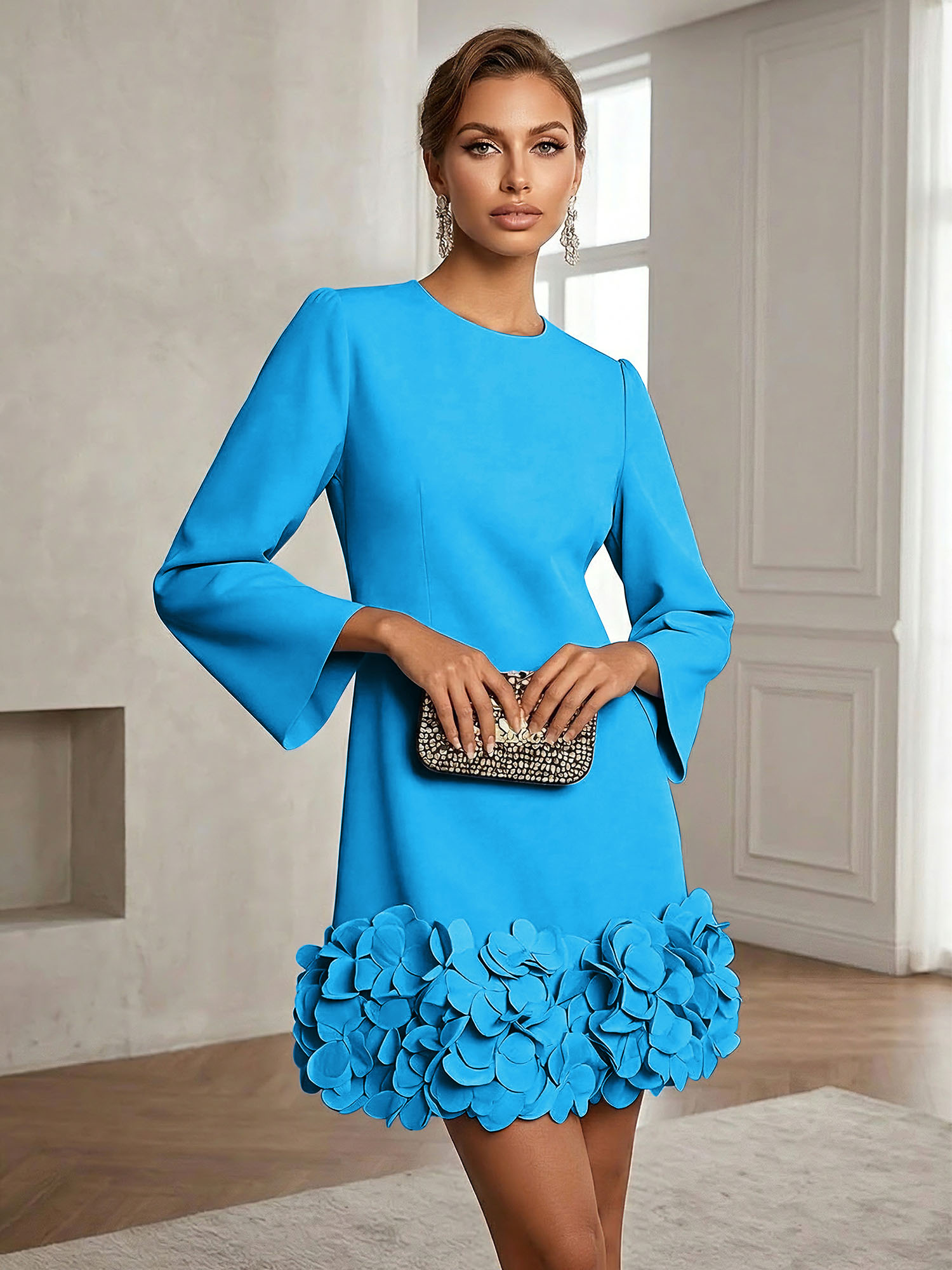 Powder Blue 3D Floral Classic Crew Neck Bell Long Sleeve Shift Mini Dress