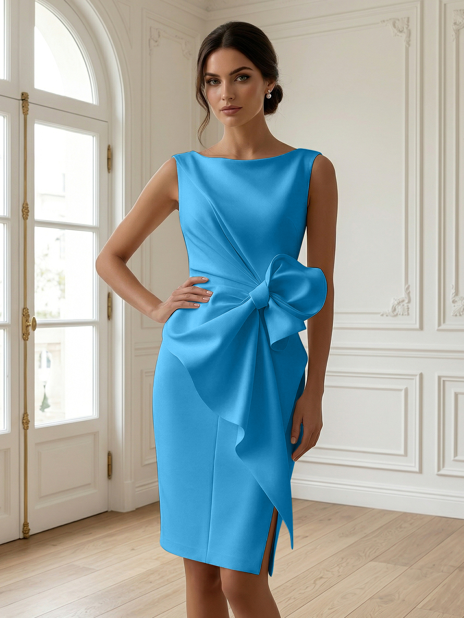White 3D Bow Sleeveless Sheath Midi Dress Evening Gown