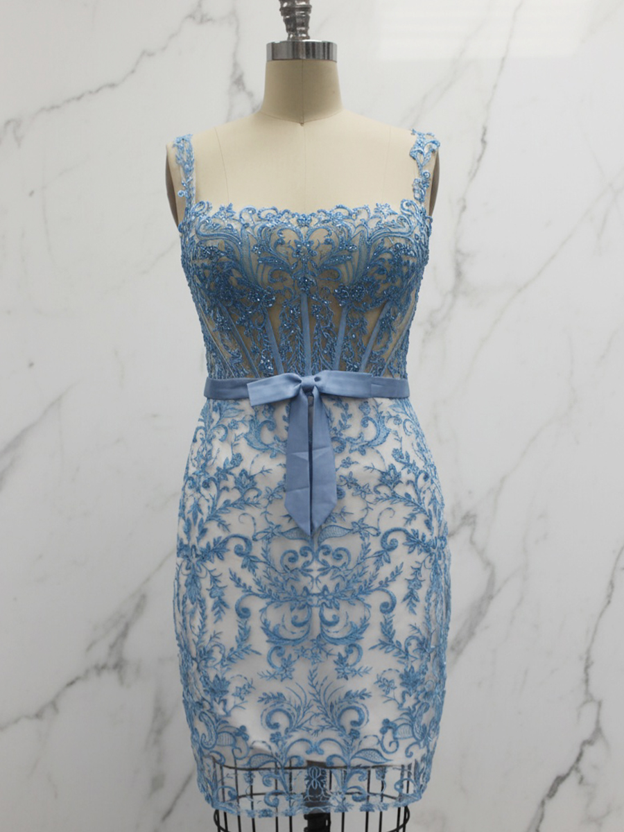 Blue Off-Shoulder Lace Bodycon Homecoming Dress with Bow