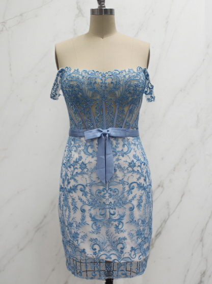 Blue Floral Lace Corset Short Homecoming Dress with Satin Bow