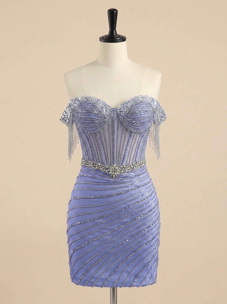 Off-the-Shoulder Sheer Corset Fringe Beaded Homecoming Dress