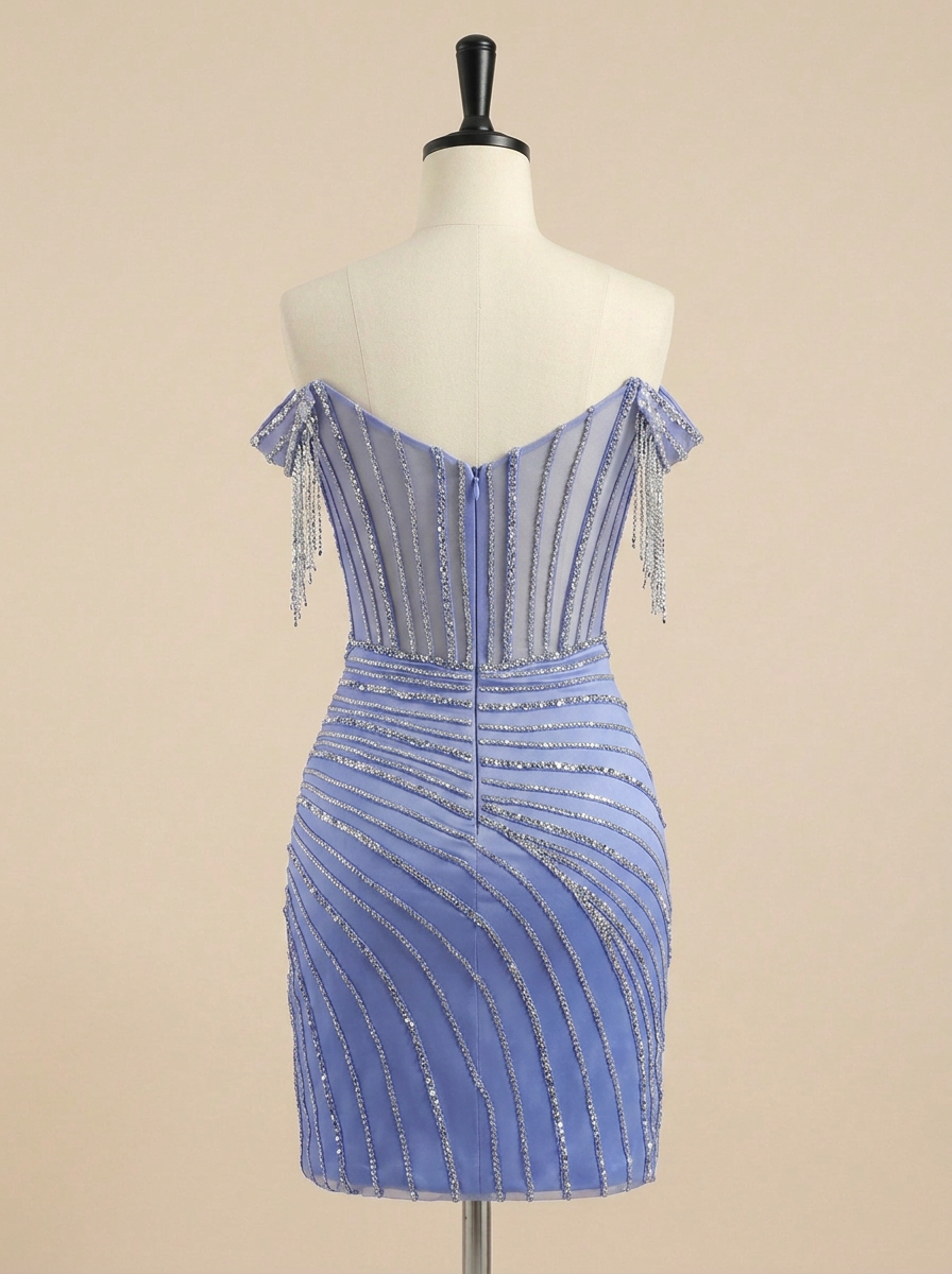 Off-the-Shoulder Sheer Corset Fringe Beaded Homecoming Dress