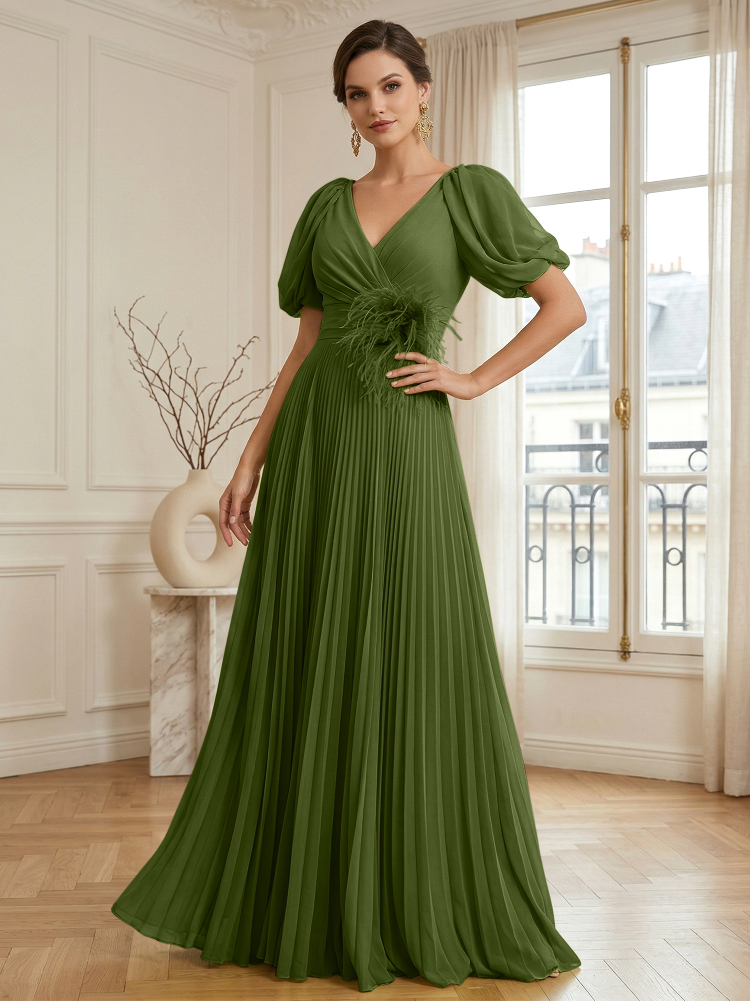 A-Line Chiffon Evening Gown with Feather V-Neck Short Sleeves Formal Dress