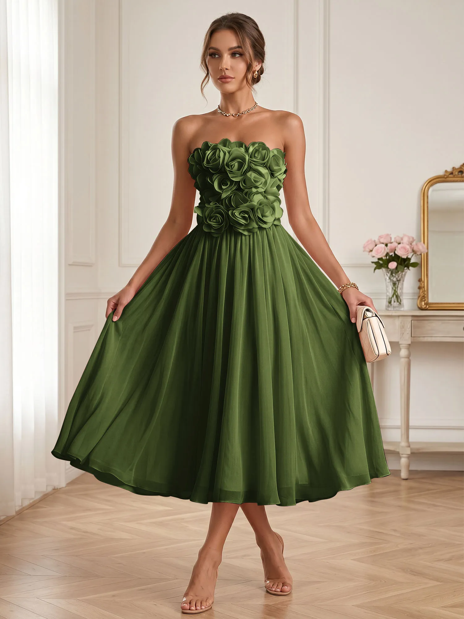 Strapless 3D Floral Chiffon A-Line Midi Formal Dress