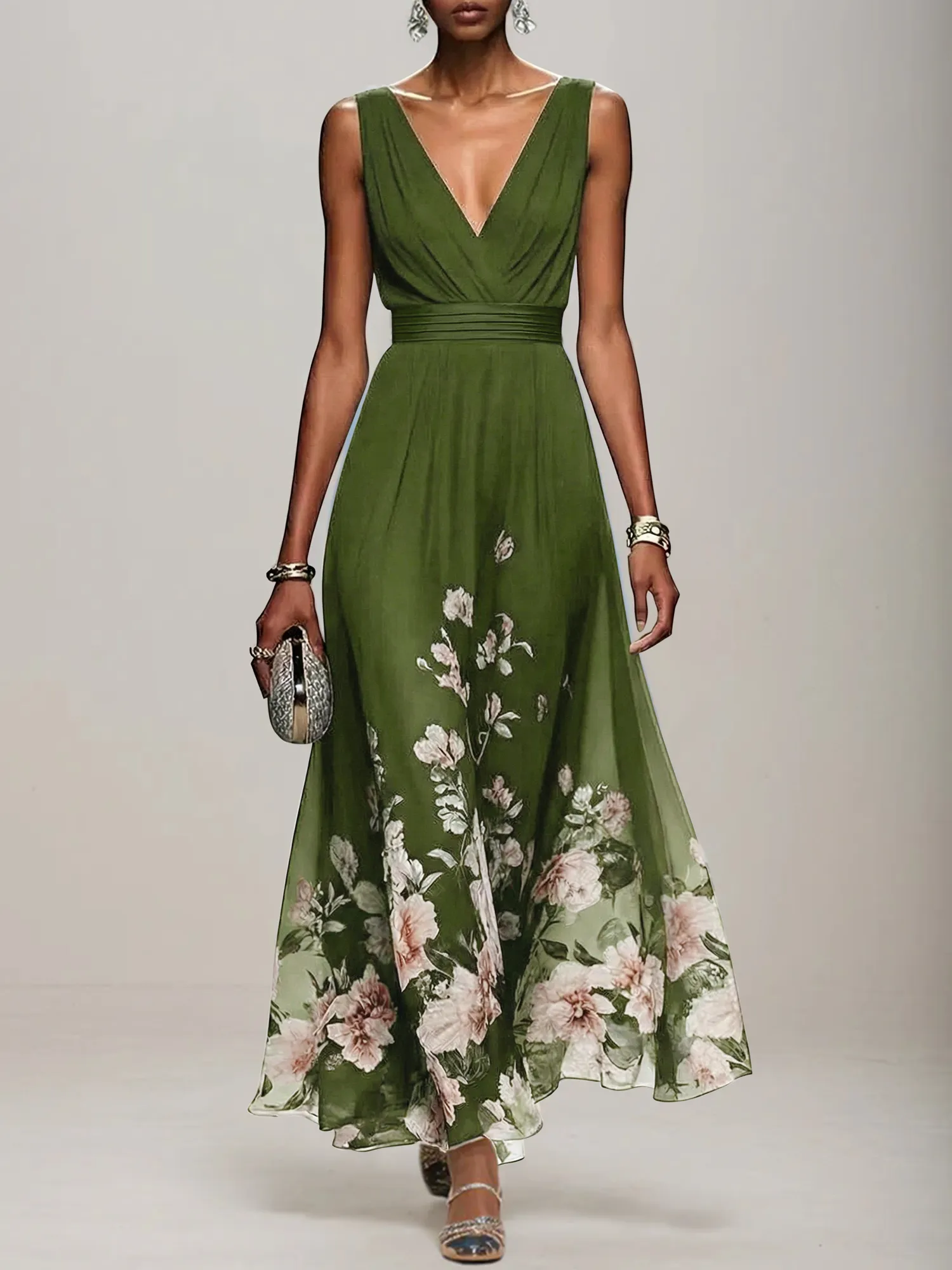 V-Neck Floral Print Chiffon Maxi Evening Dress with Satin Waist Bow