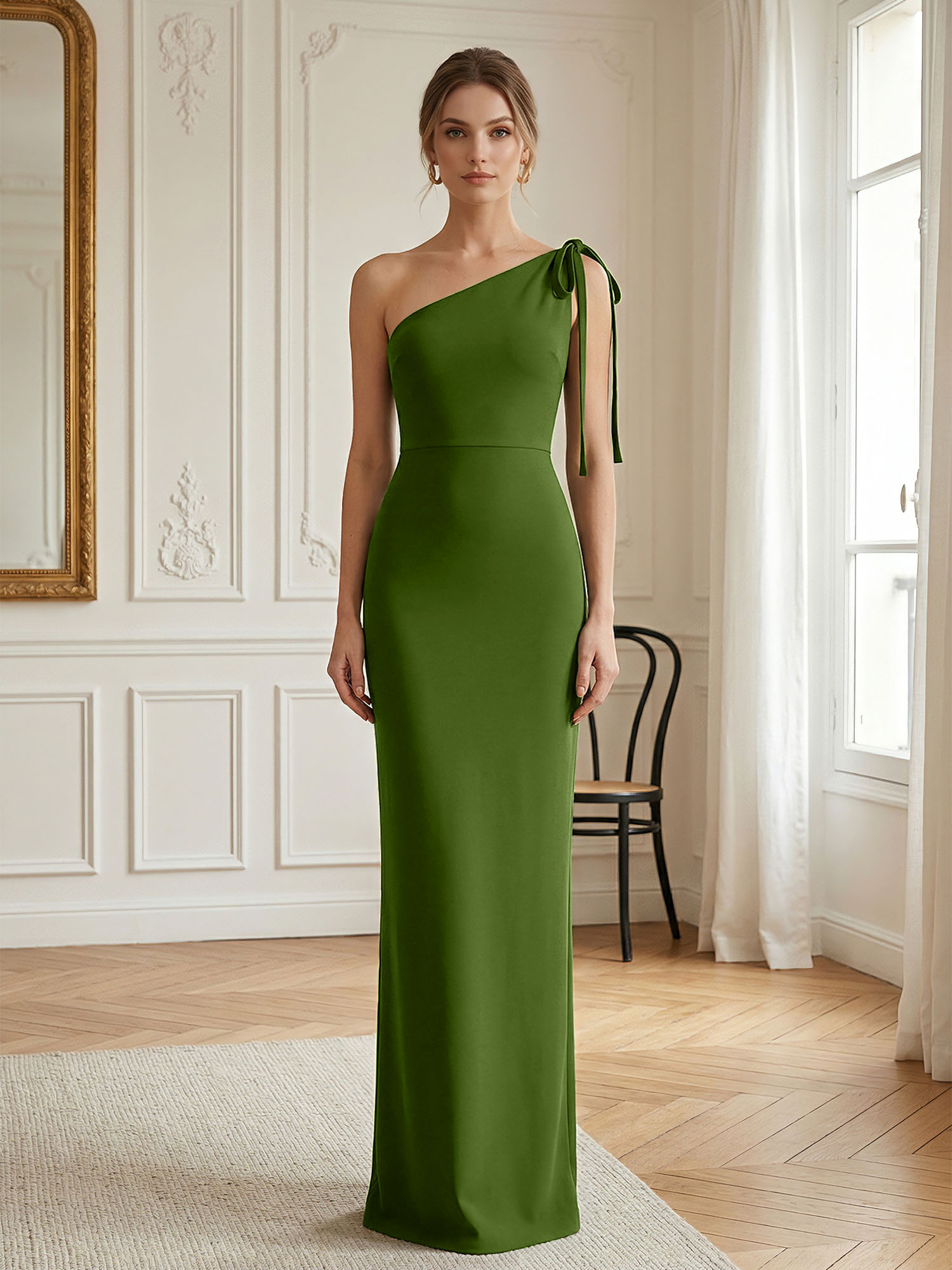 Elegant Formal Evening Gown Green One-Shoulder Tie-Strap Maxi Dress