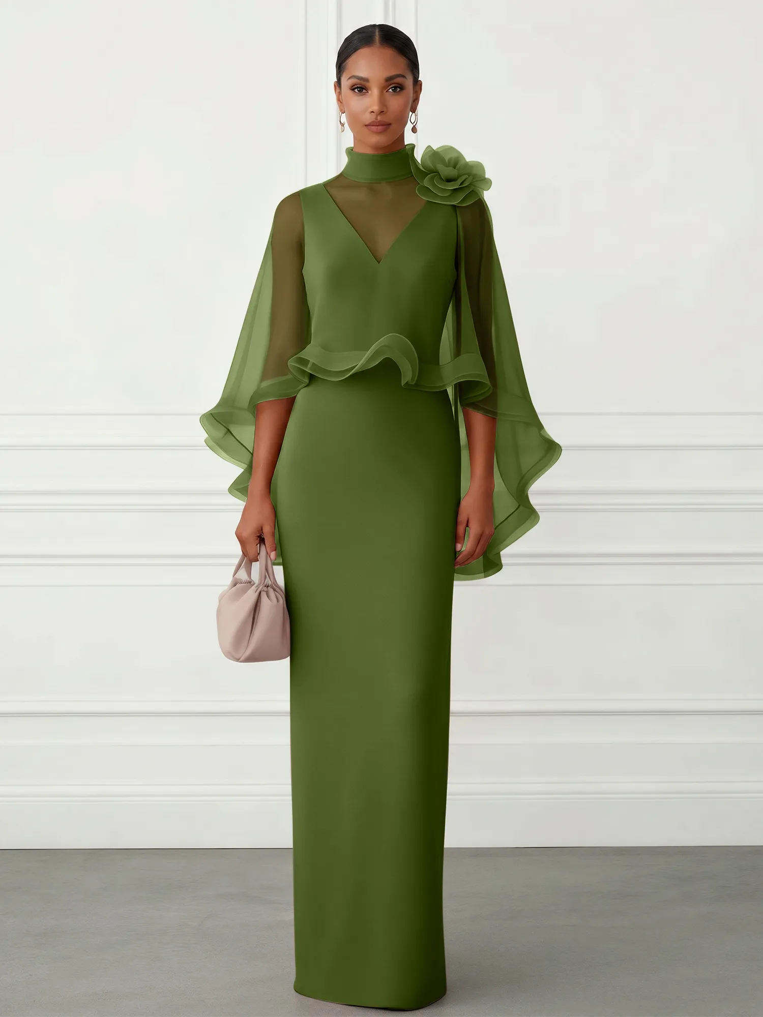 High-Neck Chiffon Cape Sleeve Sheath Evening Gown