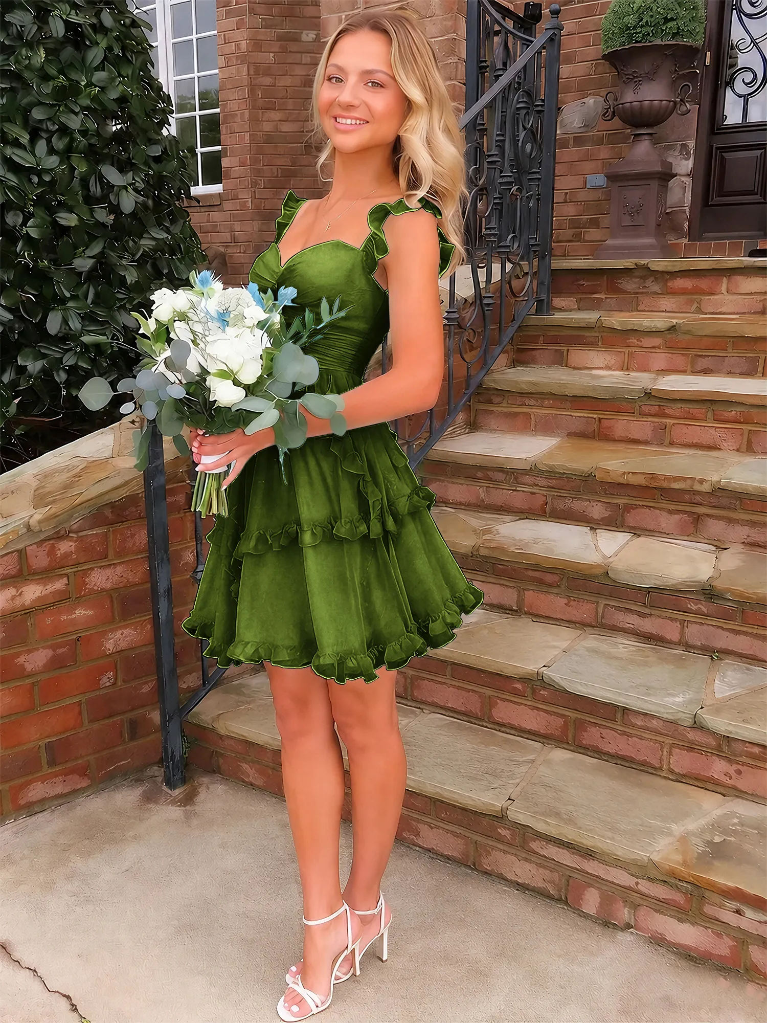 A Line Ruffled Tiered Chiffon Homecoming Dress with Lace-Up Back