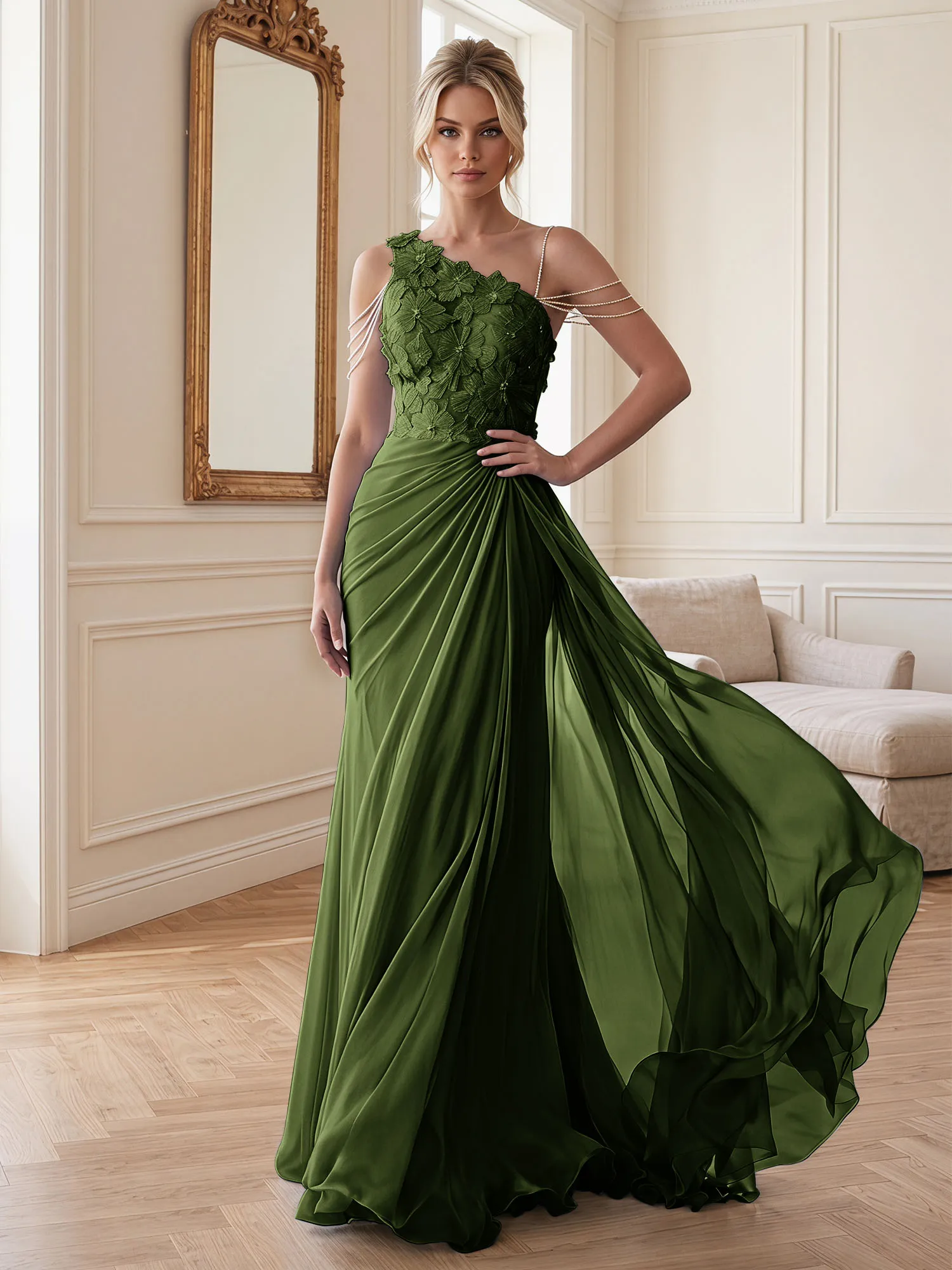 One-Shoulder Floral Lace Chiffon Evening Gown