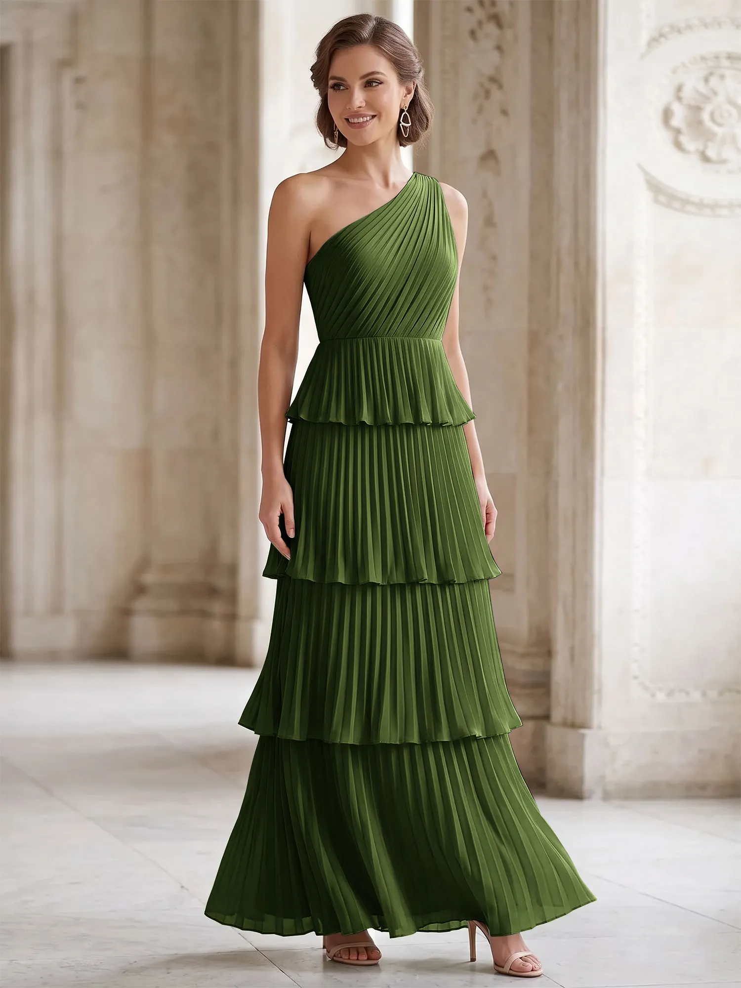 One-Shoulder Tiered Pleated Chiffon Evening Gown