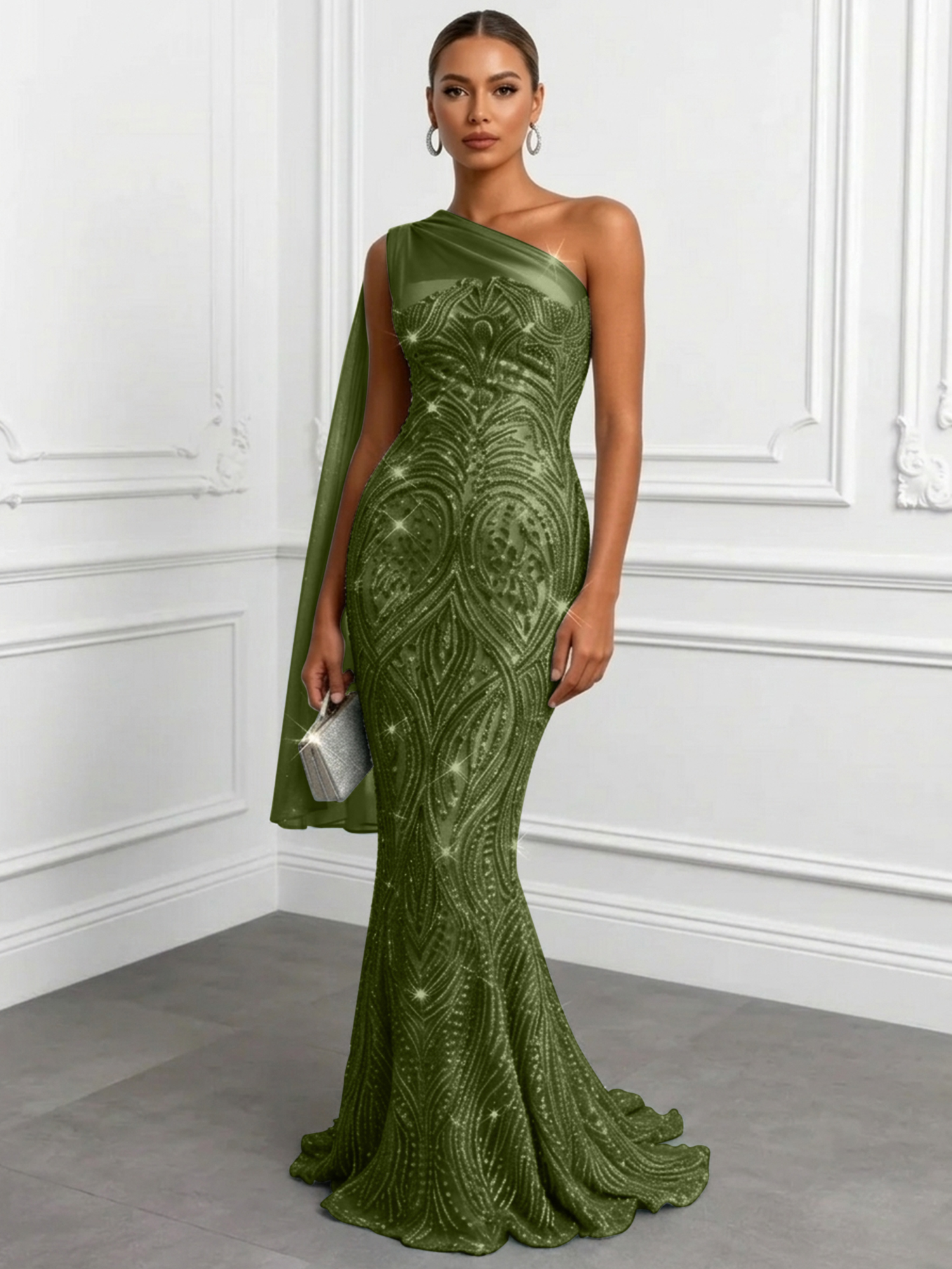 Shimmering Sage One-Shoulder Sequin Mermaid Evening Dress
