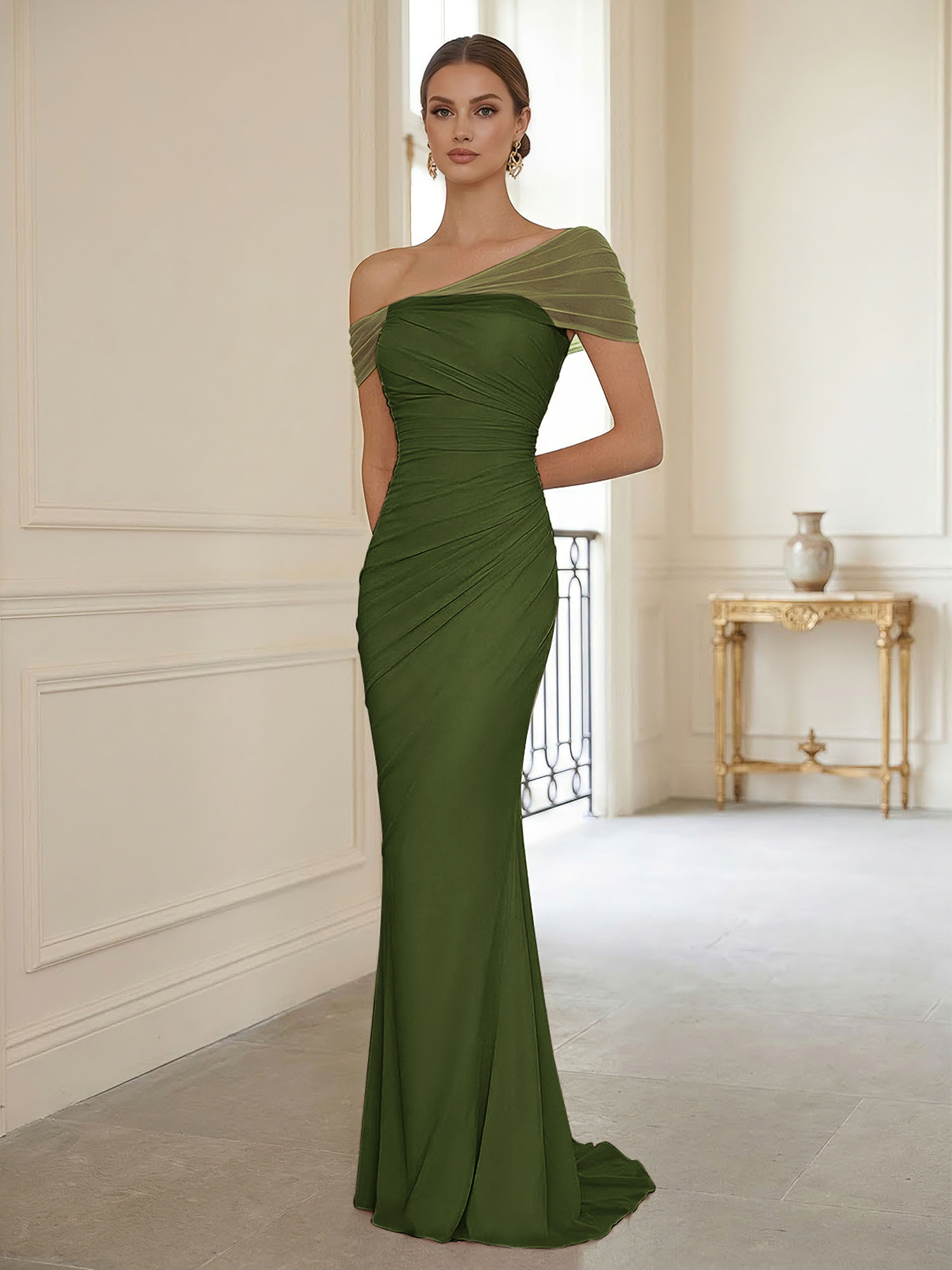 Sophisticated Blush Pink Asymmetrical Ruched Maxi Dress Evening Gown