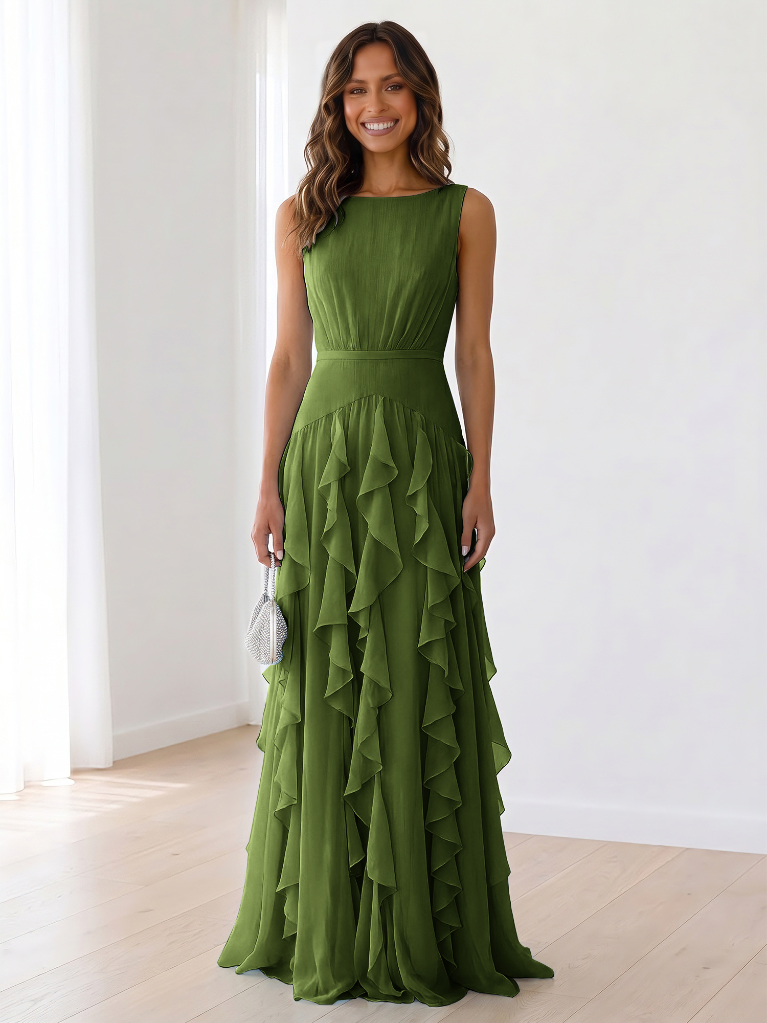 Ethereal Powder Blue Cascading Ruffle Maxi Formal Evening Dress