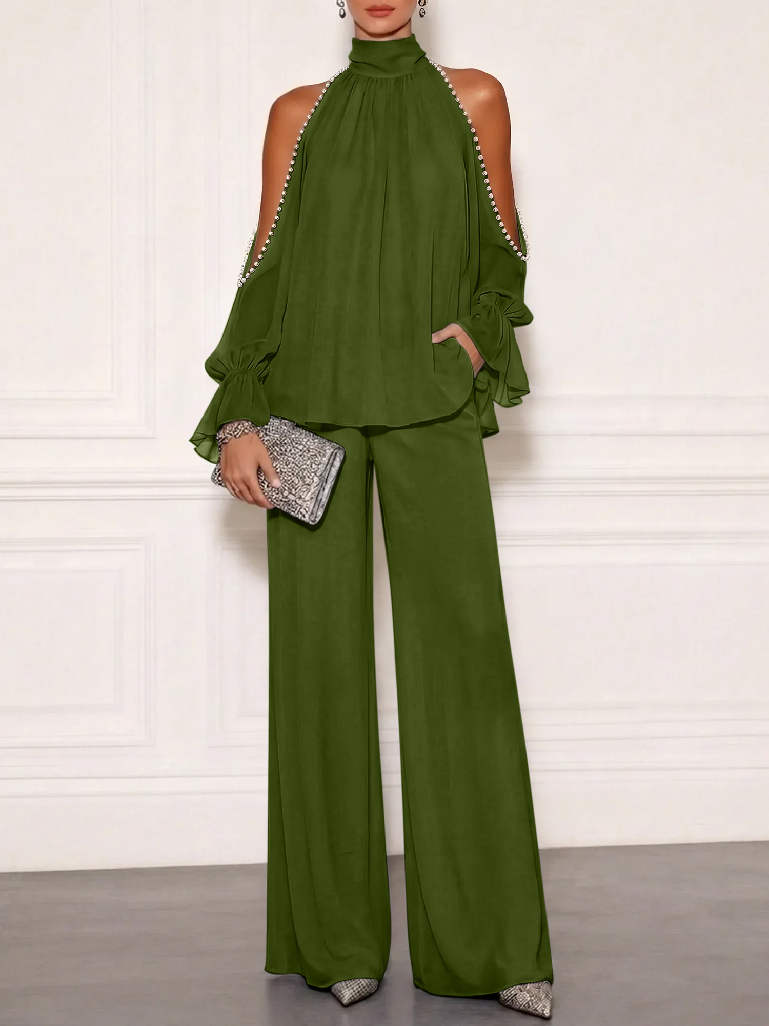 Sophisticated Embellished Cold Shoulder Formal Evening Jumpsuit