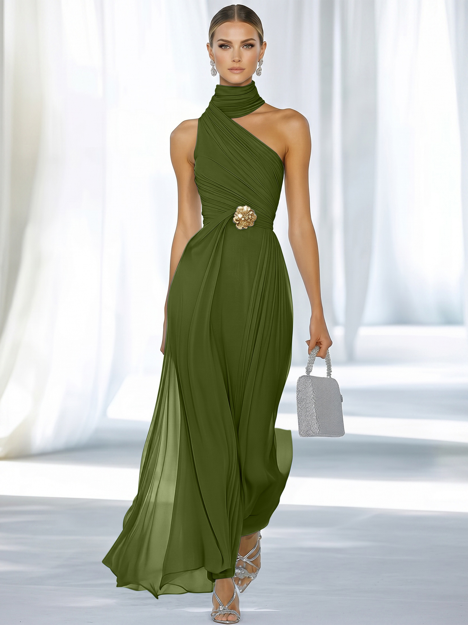 Sky Blue Pleated Chiffon Halter Strapless Formal Evening Dress